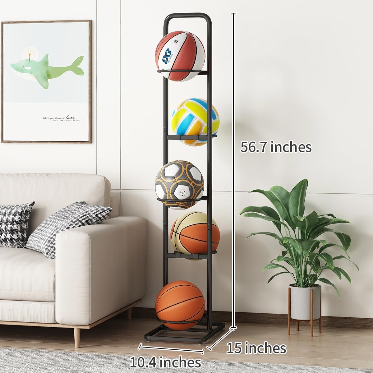 Vertical Ball Storage Rack - Adjustable 5-Tier Sports Organizer Stand for Basketball, Soccer, Volleyball and More(56.7inches) - Image 3