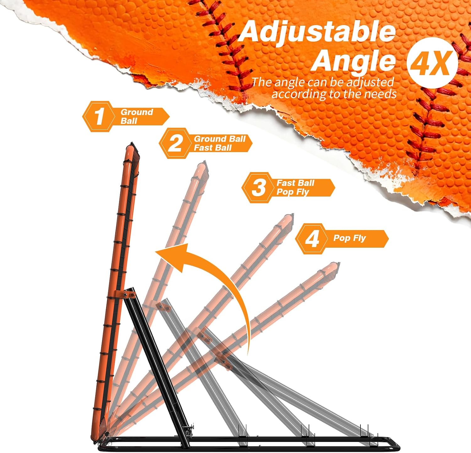Baseball Rebounder Net, 4 x 4.5 ft Portable Bounce Back Trainer for Baseball & Softball with 4 Adjustable Return Angles, Practice Equipment for All Skill Levels - Image 2