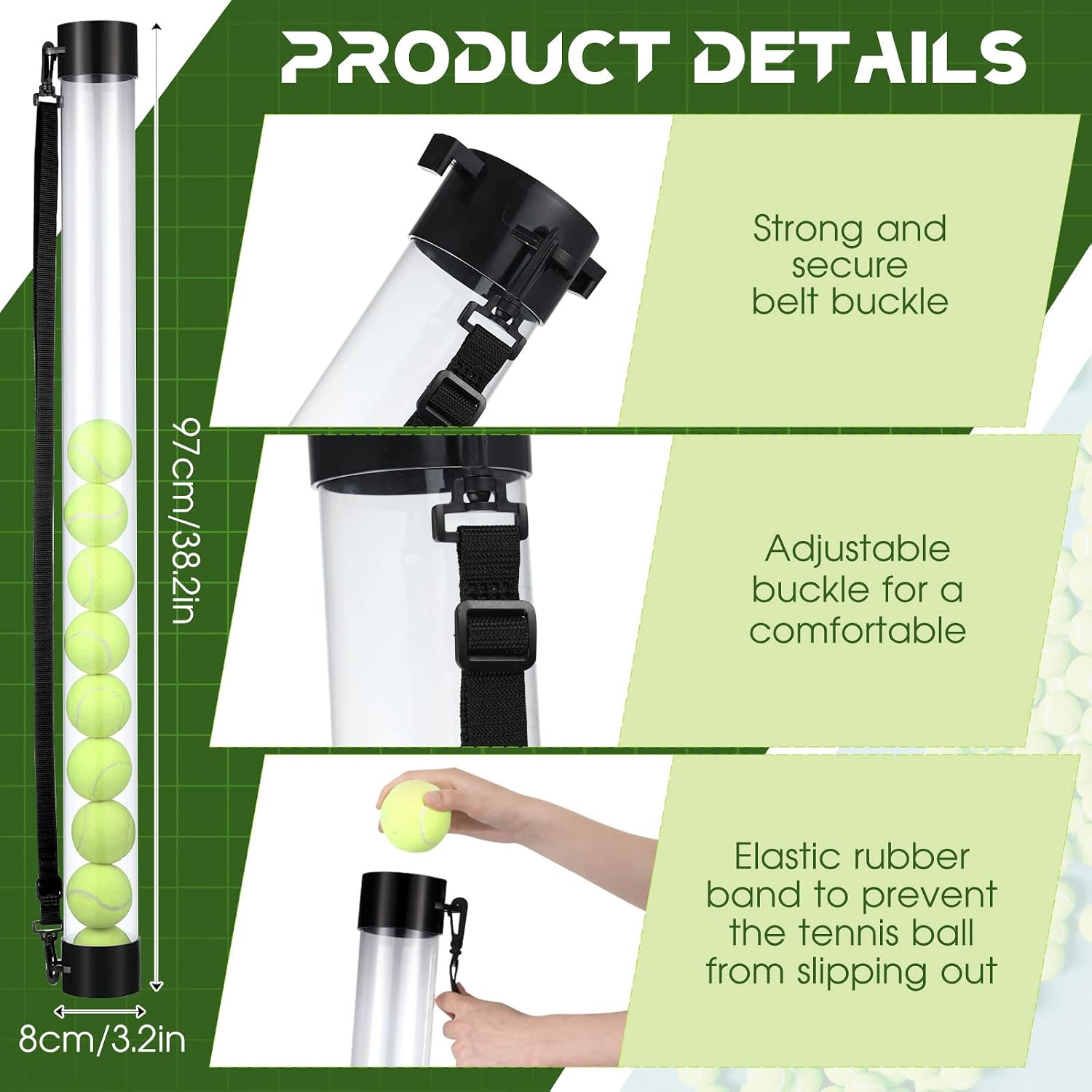 Lenwen 2 Pack Tennis Ball Tube Pickup, Fits 15 Tennis Ball with Shoulder Strap, Lightweight Collector Holder Picker Grabber Retriever Tube Carrier for Players, Coaches & Instructors - Image 2