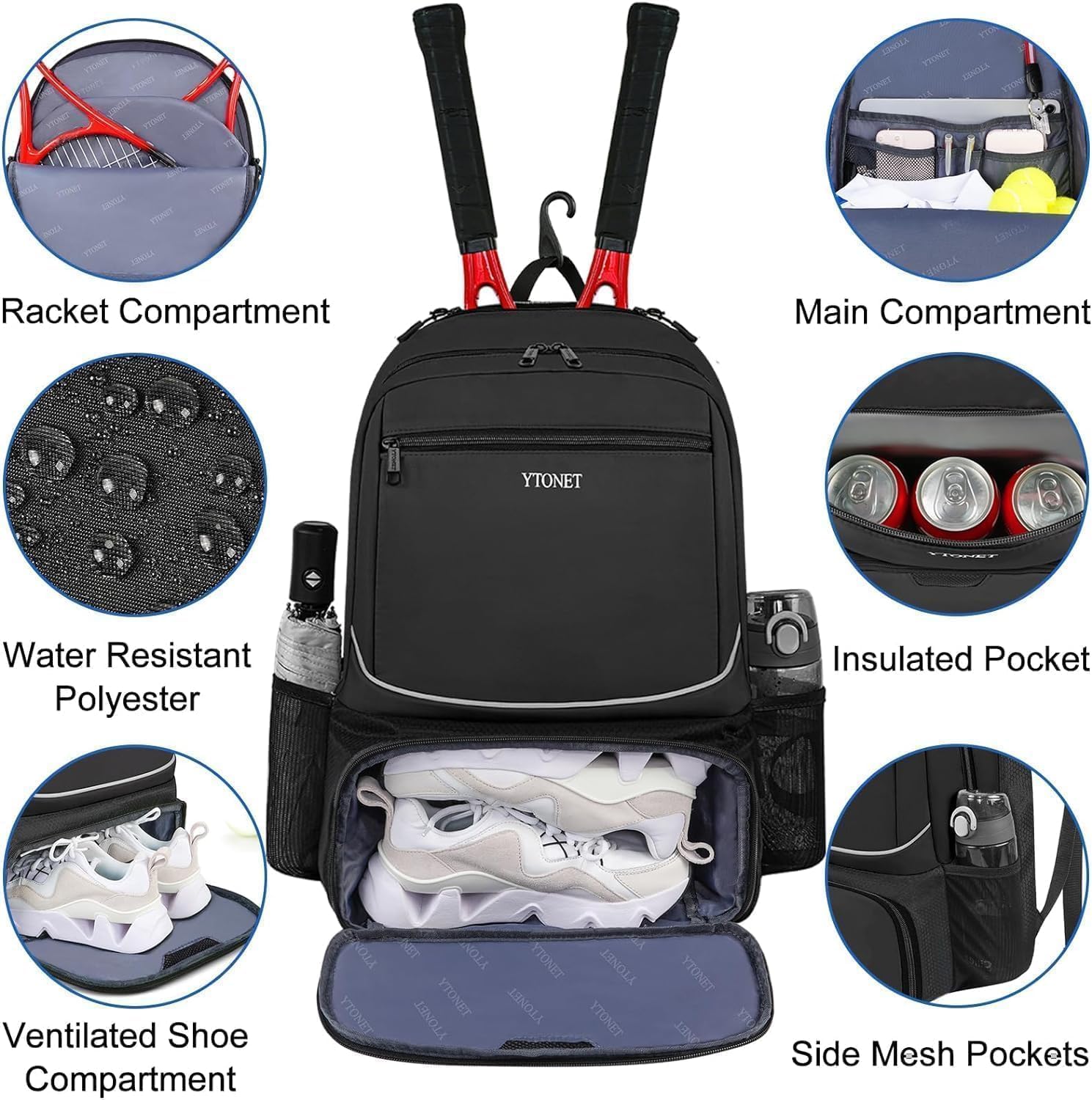 Ytonet Tennis Bag Tennis Backpack for Women Men 2 Rackets with Insulated Pocket Ventilated Shoe Compartment - Image 4