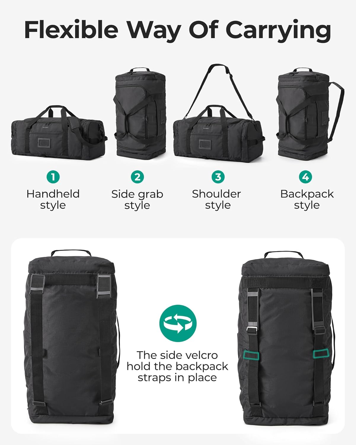 BAGSAMRT 60L Foldable Duffle Bag for Travel, Large Travel Duffel Bag for Men, 4 in 1 Travel Backpack, Carry on Weekender Bag, Black - Image 7