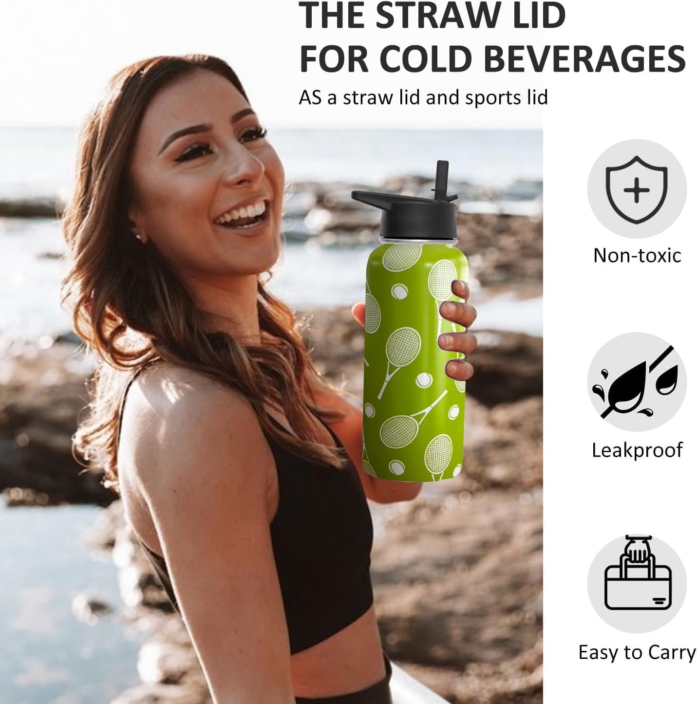 32oz Tennis Water Bottle Insulated Vacuum Stainless Steel Tumbler Travel Mugs With Straw for Sport Game,Tennis Accessories - Image 5