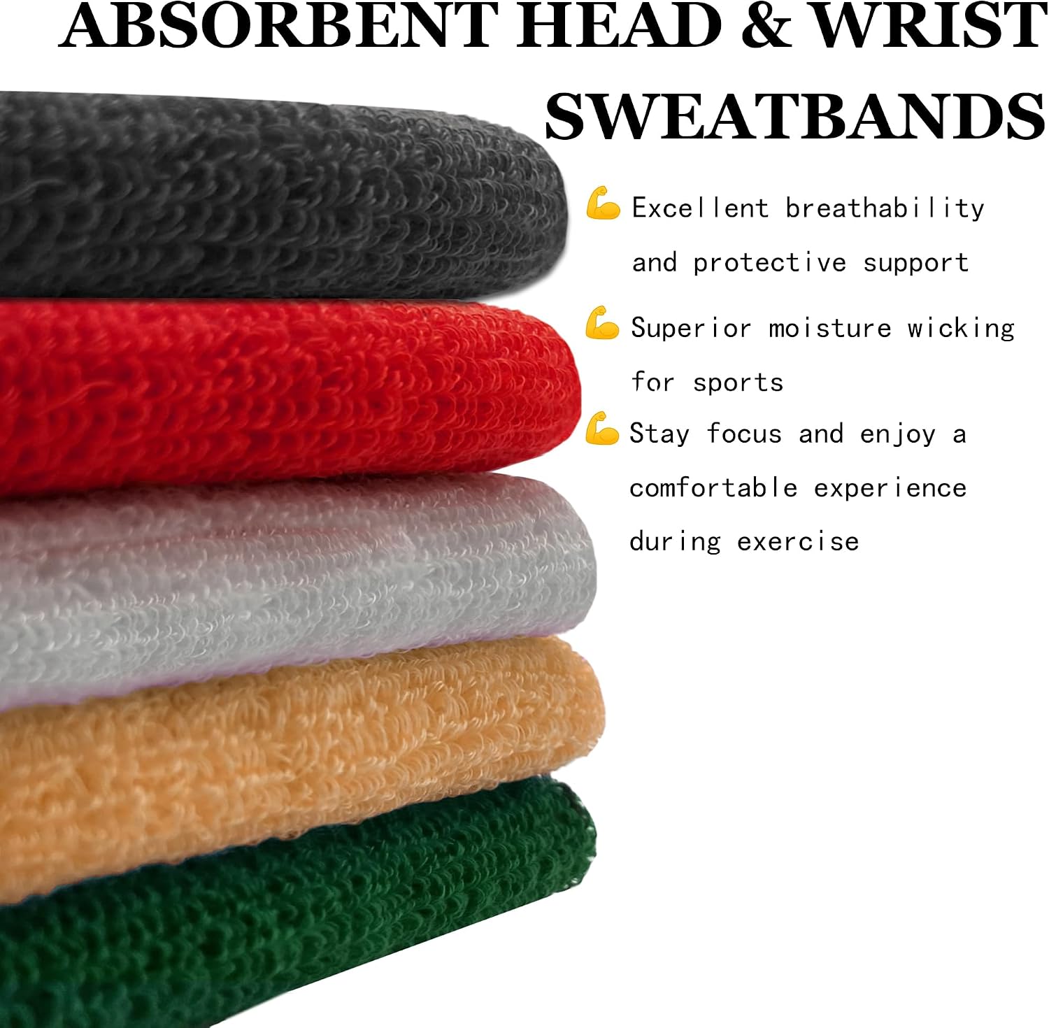 6 Pack Sports Wrist Sweatbands Set Headband Wristband Set, Moisture Wicking Sweat Bands 4 Tennis Wrist Sweatband + 2 Headbands, Athletic Terry Cloth Sweat Absorbing Head Band for Working Out - Image 6