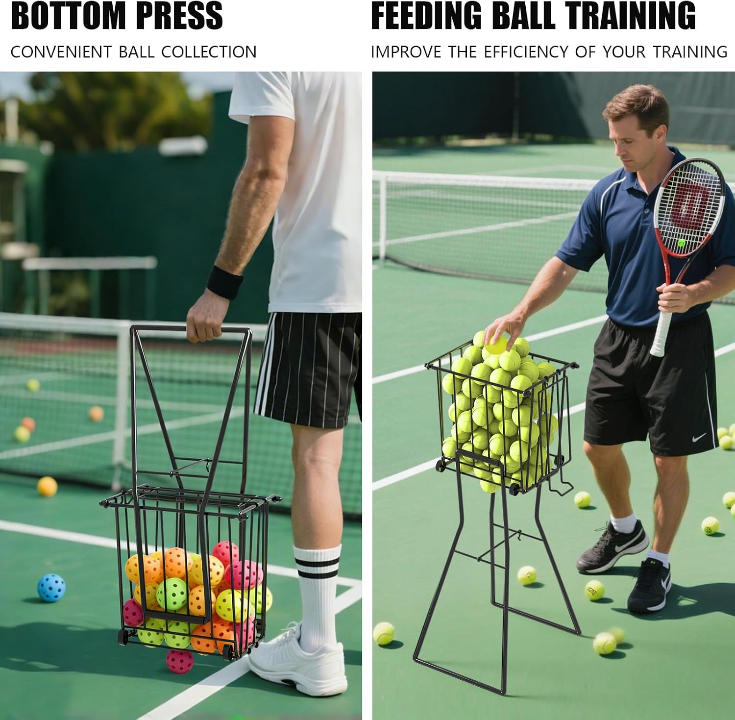 Tennis & Pickleball Hopper with Wheels – Ball Pick Up Basket, Pickleball Ball Retriever Ball Holder Storage Holds 75 Tennis Balls & 50 Pickleballs - Image 4