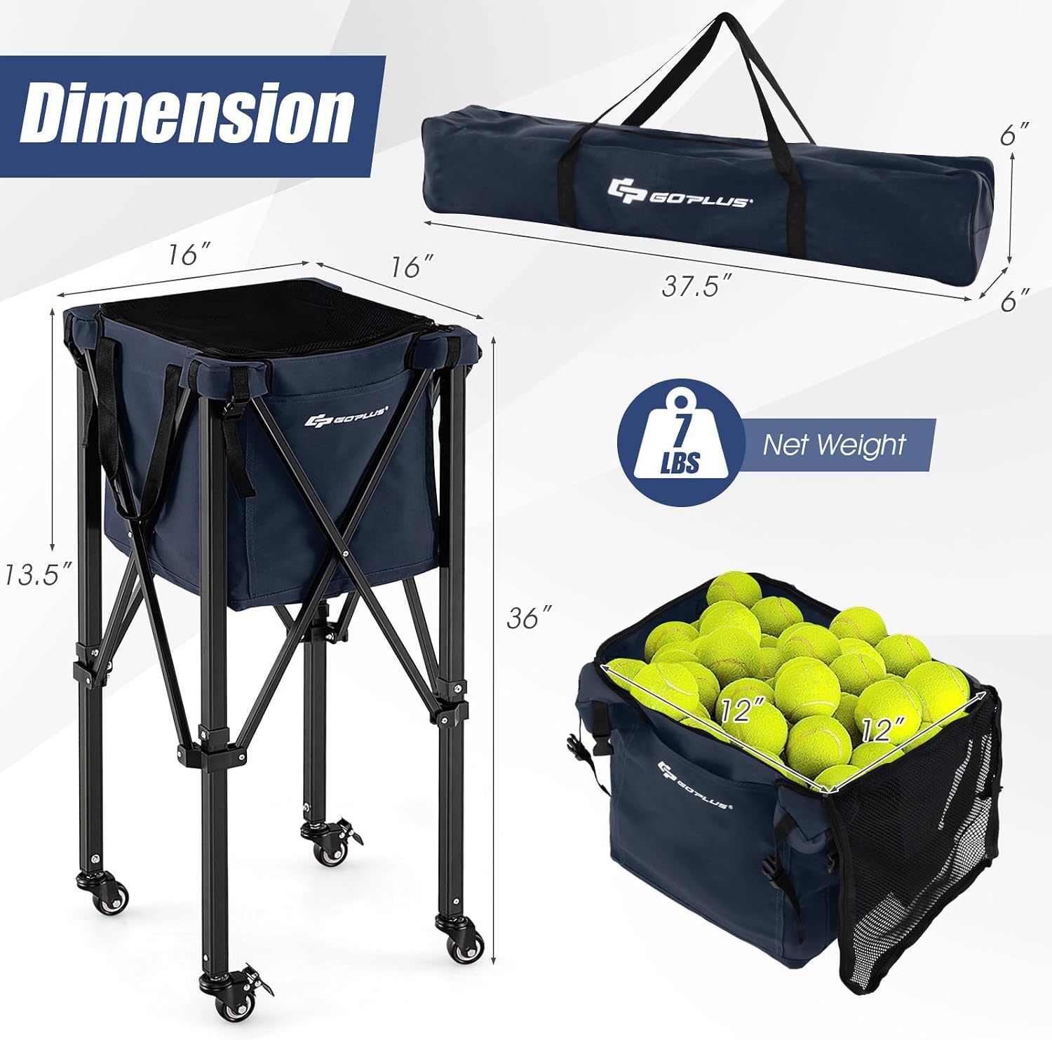 Goplus Foldable Tennis Ball Hoppers, Lightweight Aluminum Tennis Ball Basket with Wheels, Removable Bag, Side Pockets, Carry Bag, Portable Sports Teaching Cart Holds 150 Tennis Balls (Blue) … - Image 7