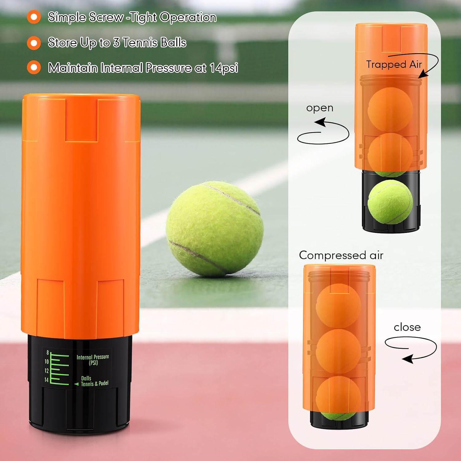 Soulchen Tennis Ball Pressurizer - Tennis Ball Storage Canister Holds 3 Balls Under 14 Psi Pressure, Reusable Stuff for Bounce Retention, Lightweight & Durable - Image 4