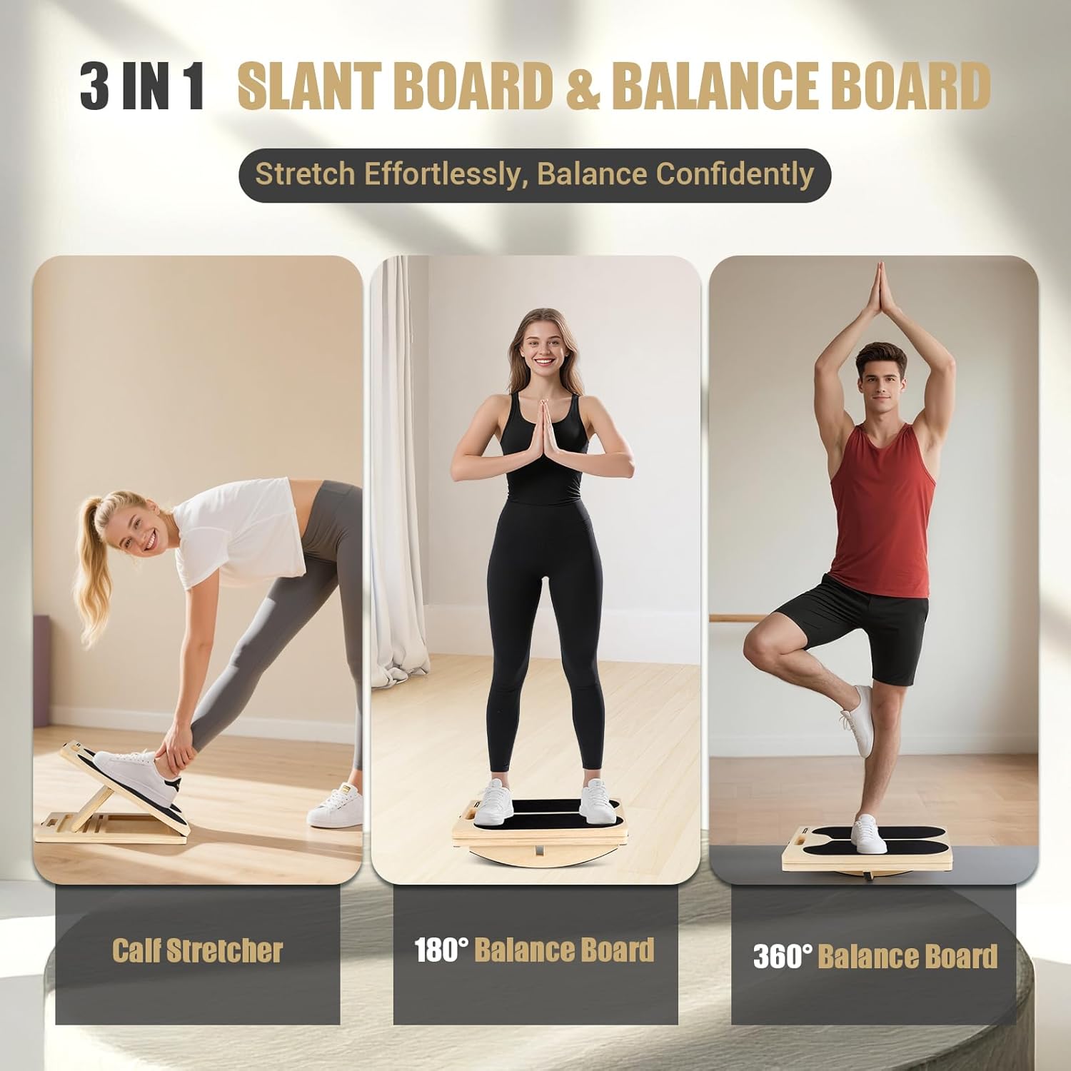 3-in-1 Slant Board & 180°/360° Balance Board, Portable 6 Angle Adjustable Calf Stretcher with Training Poster, Anti-Slip 300LBS Wobble Board for Physical Therapy, Standing Desk & Core Strength - Image 2