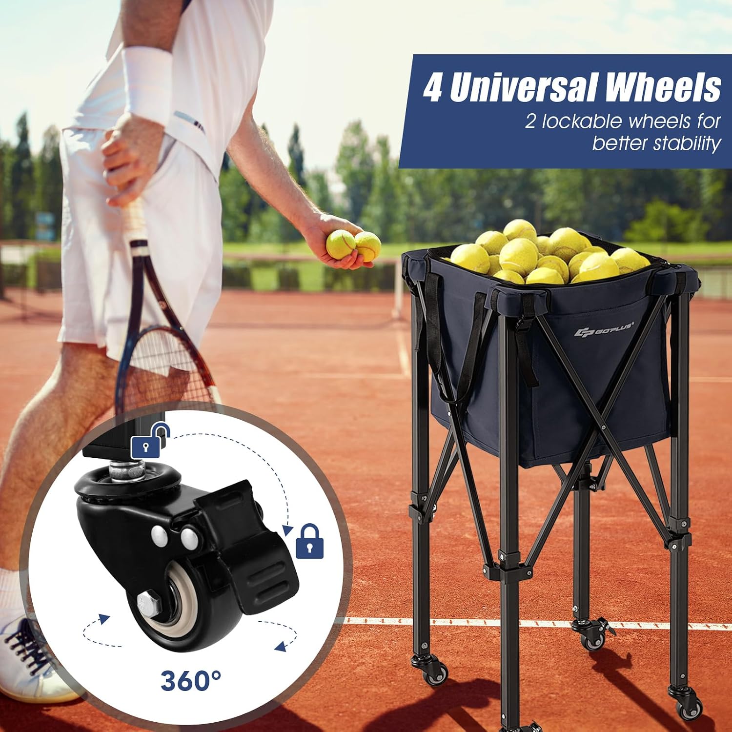 Goplus Foldable Tennis Ball Hoppers, Lightweight Aluminum Tennis Ball Basket with Wheels, Removable Bag, Side Pockets, Carry Bag, Portable Sports Teaching Cart Holds 150 Tennis Balls (Blue) … - Image 3