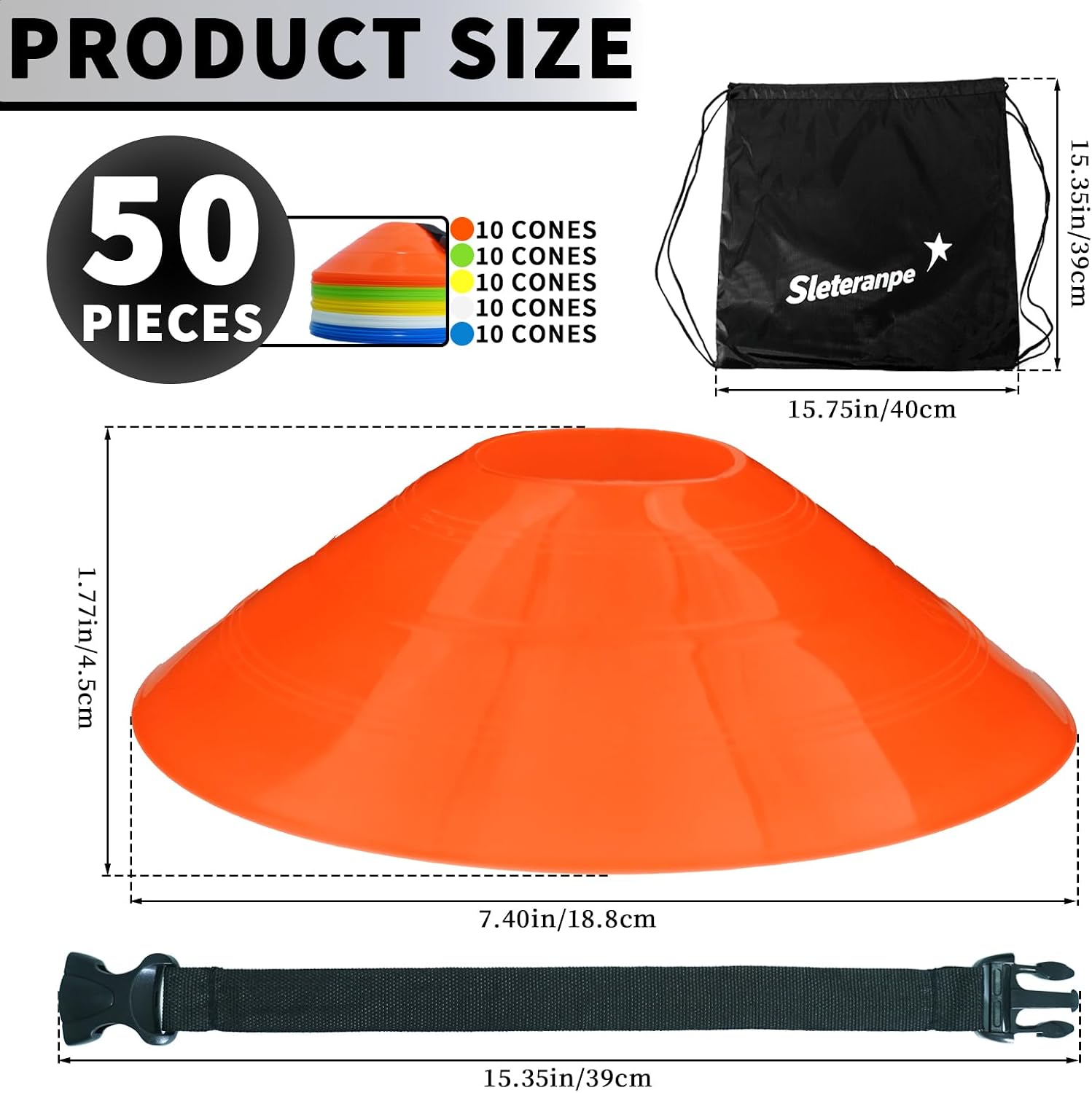 Pro Disc Cones (Set of 50) | Drawstring Bag & Strap, for Soccer, Basketball, Football, Agility & Sports Drills Training - Image 2
