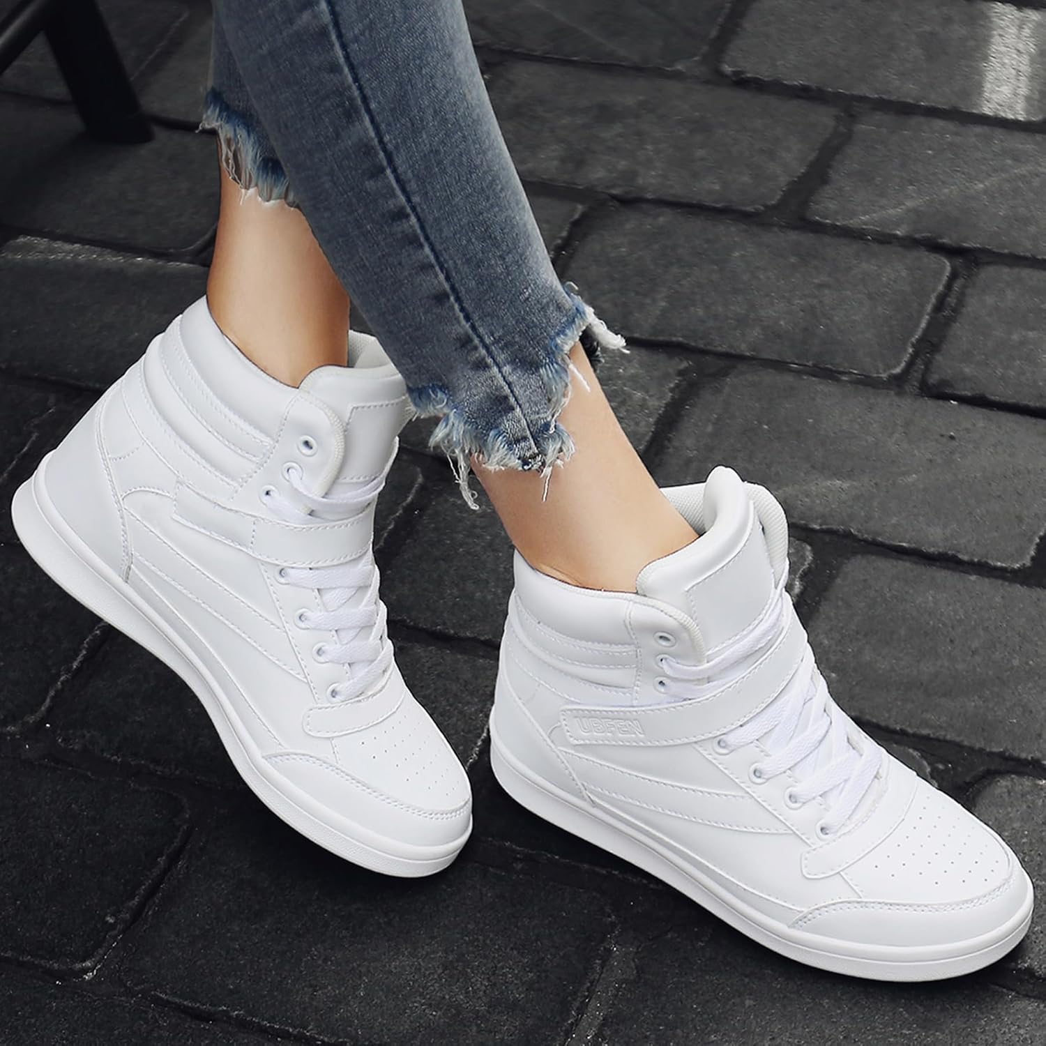 UBFEN Womens High Top Sneakers with Hidden Wedge Heel Ankle Support 2 Inch Height Increase 80s Retro Casual Boots - Image 2
