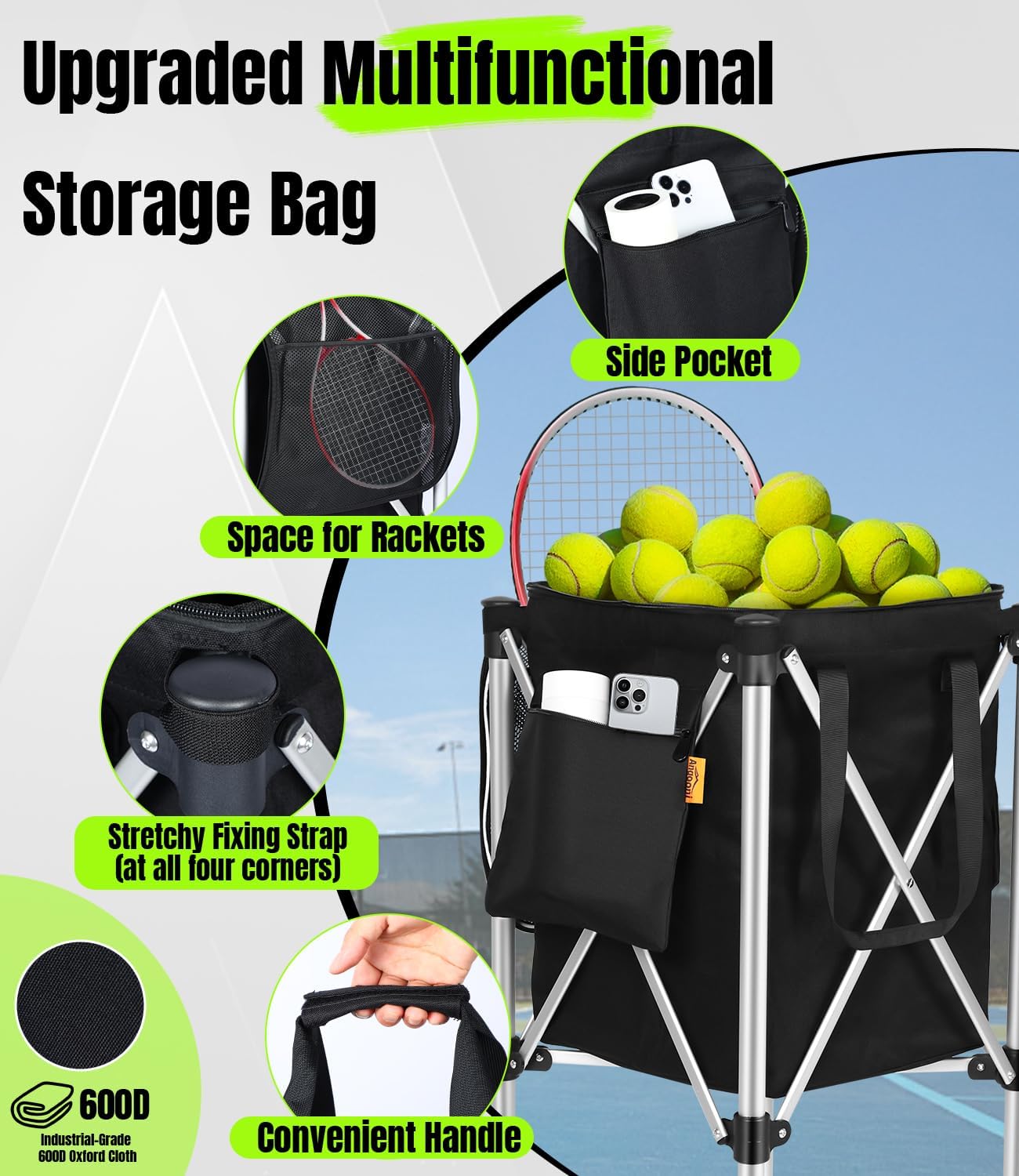 Angooni Professional Tennis Cart with Silent PU Wheels - 2 Capacity Choices (150/240 Balls) - Sturdy, Lightweight & Portable Storage for Practice and Matches - Image 5