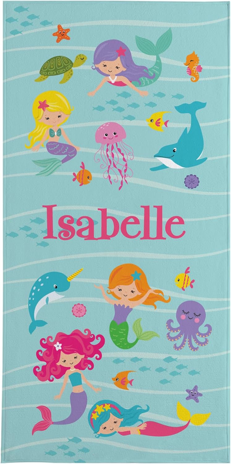 Let's Make Memories Personalized Beach Towel for Kids - Custom Towel for Pool Vacation Spring Break Camp Cruise - 30" Wx60 L - Standard Size - Mermaid & Friends
