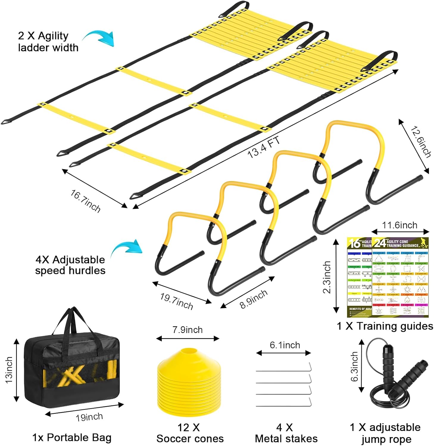 BORNEW 2 Pack Agility Ladder, Soccer Speed Training Equipment Set with Total 26 ft Agility Ladder, 12 Cones, 4 Adjustable Hurdles, Jump Rope, for Soccer, Basketball, Football, Kids, Youth, Adults - Image 2