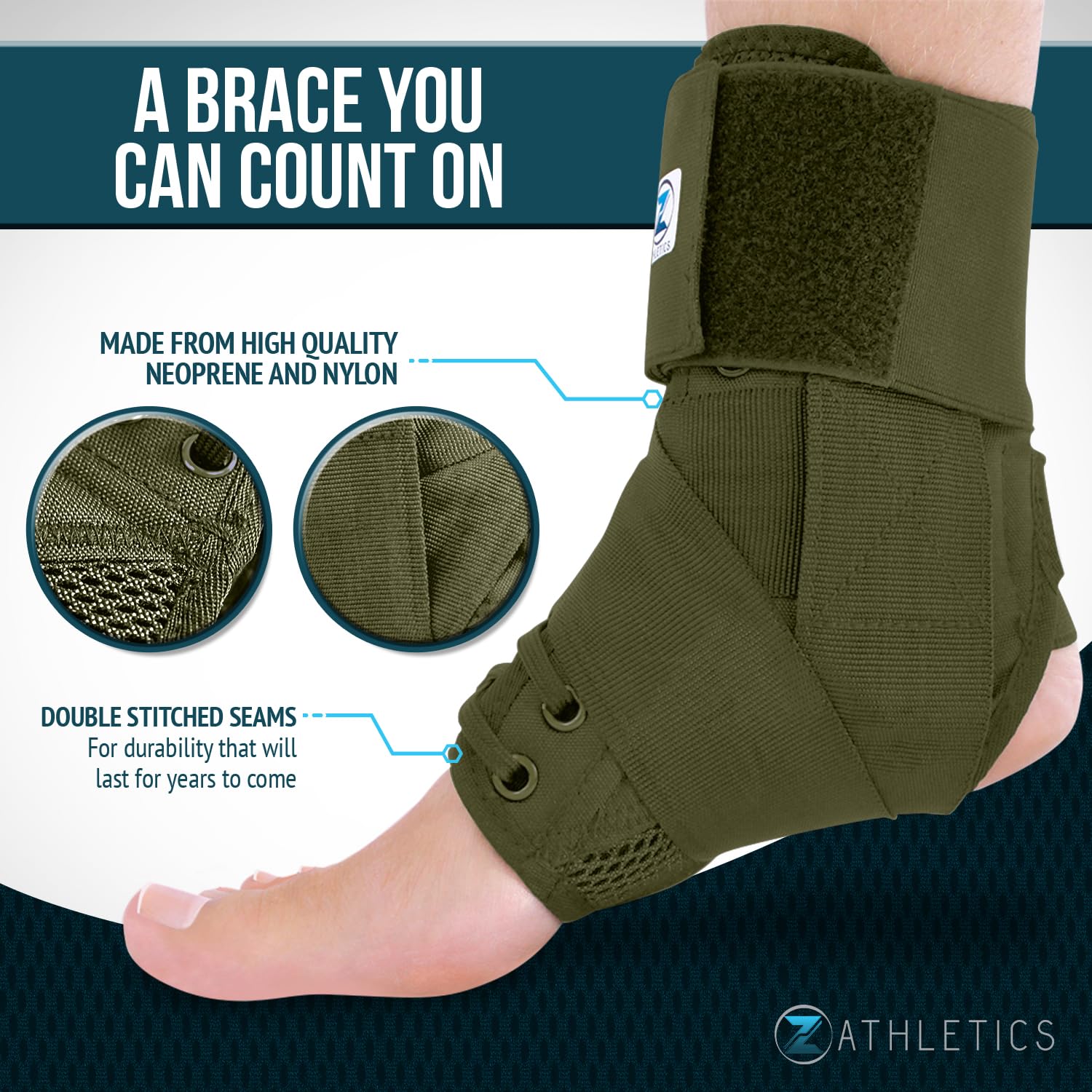 Z ATHLETICS Zenith Ankle Brace, Lace Up Adjustable Support – for Running, Basketball, Injury Recovery, Sprain! Ankle Support for Men, Women, and Children (Olive Green, Medium) - Image 2