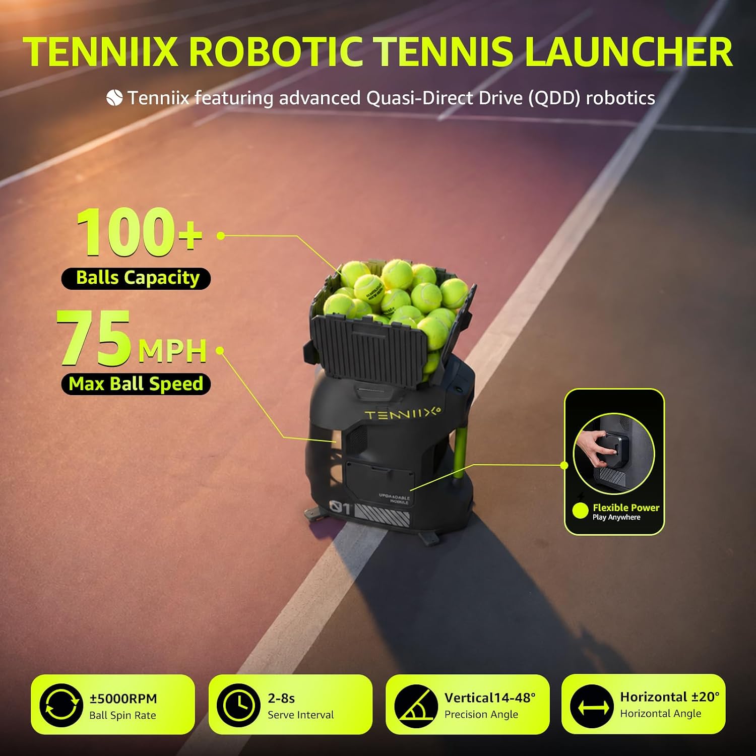 Basic Tennis Ball Machine, 18.7LB Portable Tennis Robot, 4H Runtime & 100+ Ball Capacity, Smart App & Voice Control, Multi-Training Mode, LED Display, 75MPH, Ideal for Beginners & Pro - Image 5