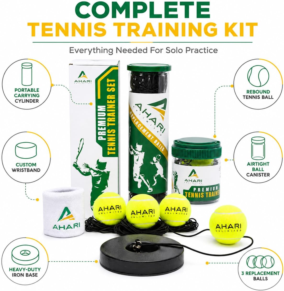 Premium Tennis Trainer Set, Pro Rebounder with Metal Base in a Carrying Cylinder, 3 Replacement Rebound Balls, & Wristband, Portable Tennis Practice Equipment for Solo Training - Image 7