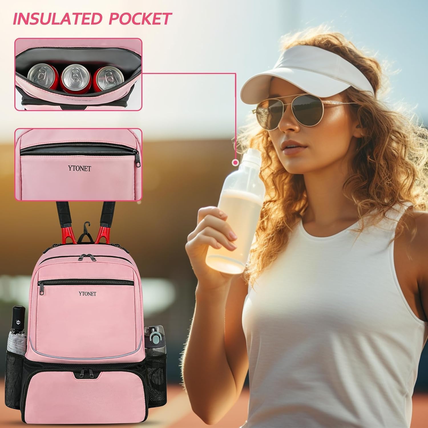 Ytonet Tennis Bag Tennis Backpack for Women Men 2 Rackets with Insulated Pocket Ventilated Shoe Compartment - Image 2