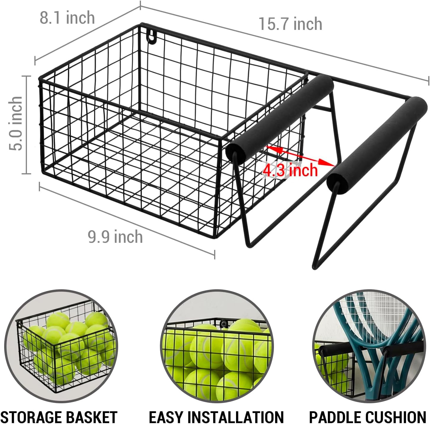 MyGift Hanging Metal Tennis Racquet and Tennis Ball Storage Basket Rack, Wall Mounted Racket Holder - Image 5