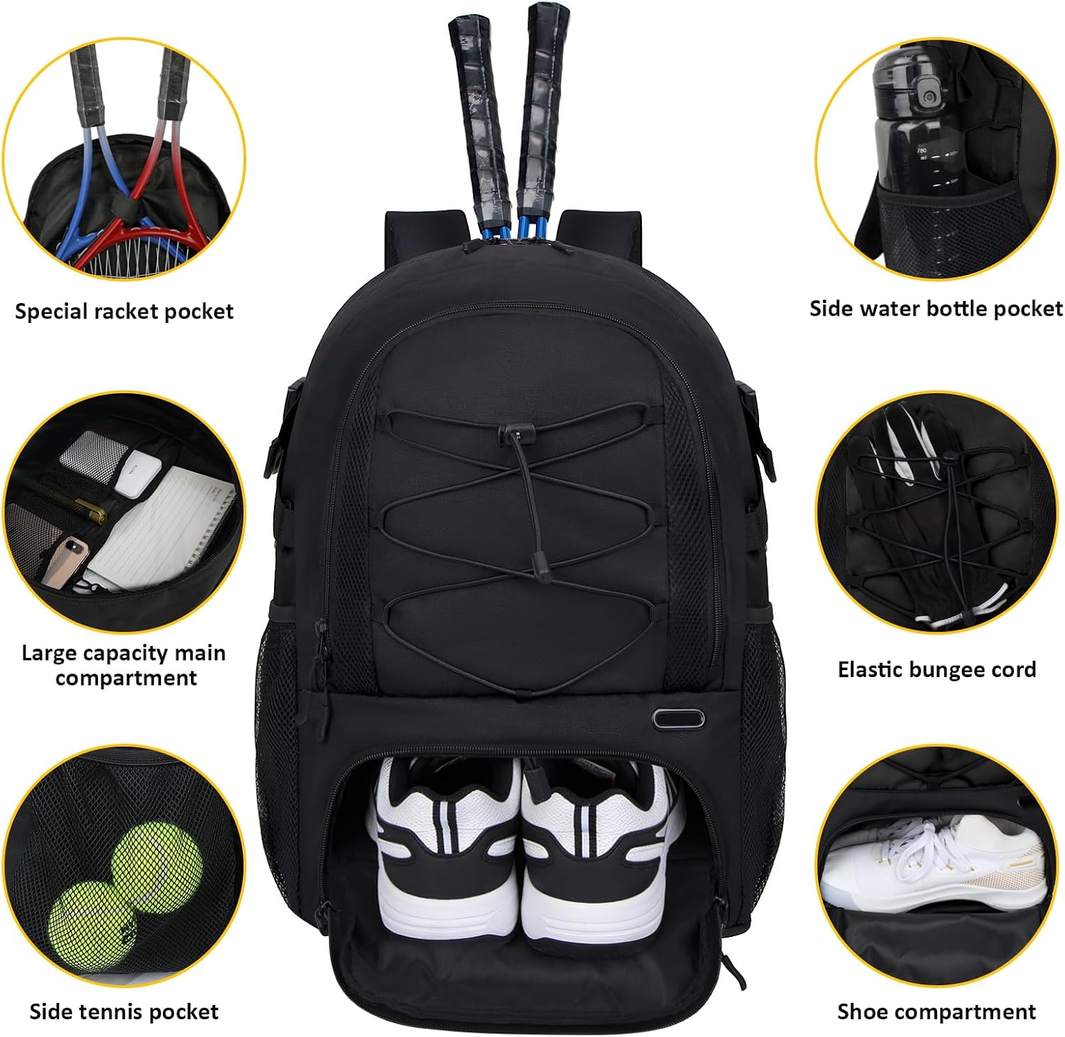 Goloni Tennis Backpack, Tennis Bag with Fence Hook & Ventilated Shoe Compartment, Holds 2 Tennis Rackets - Image 2