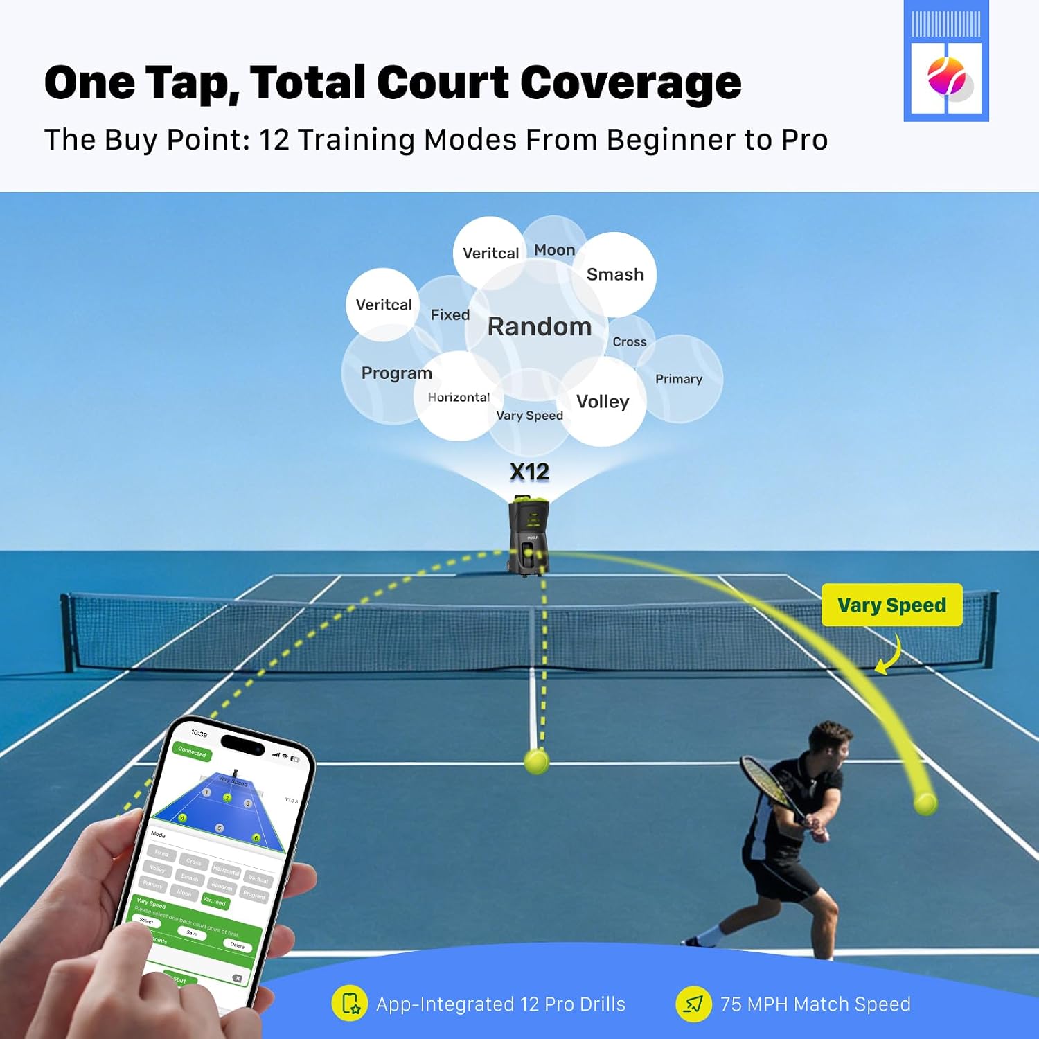 PUSUN|PT-Smart Tennis Ball Machine: App Control with 12 Built-in Training Modes,6-Level Spin,28-Pt,75 MPH,32.6 lbs,100+ Ball,5H Battery, Portable, for Tennis/Padel,Training, Practice,Beginners to Pros - Image 2