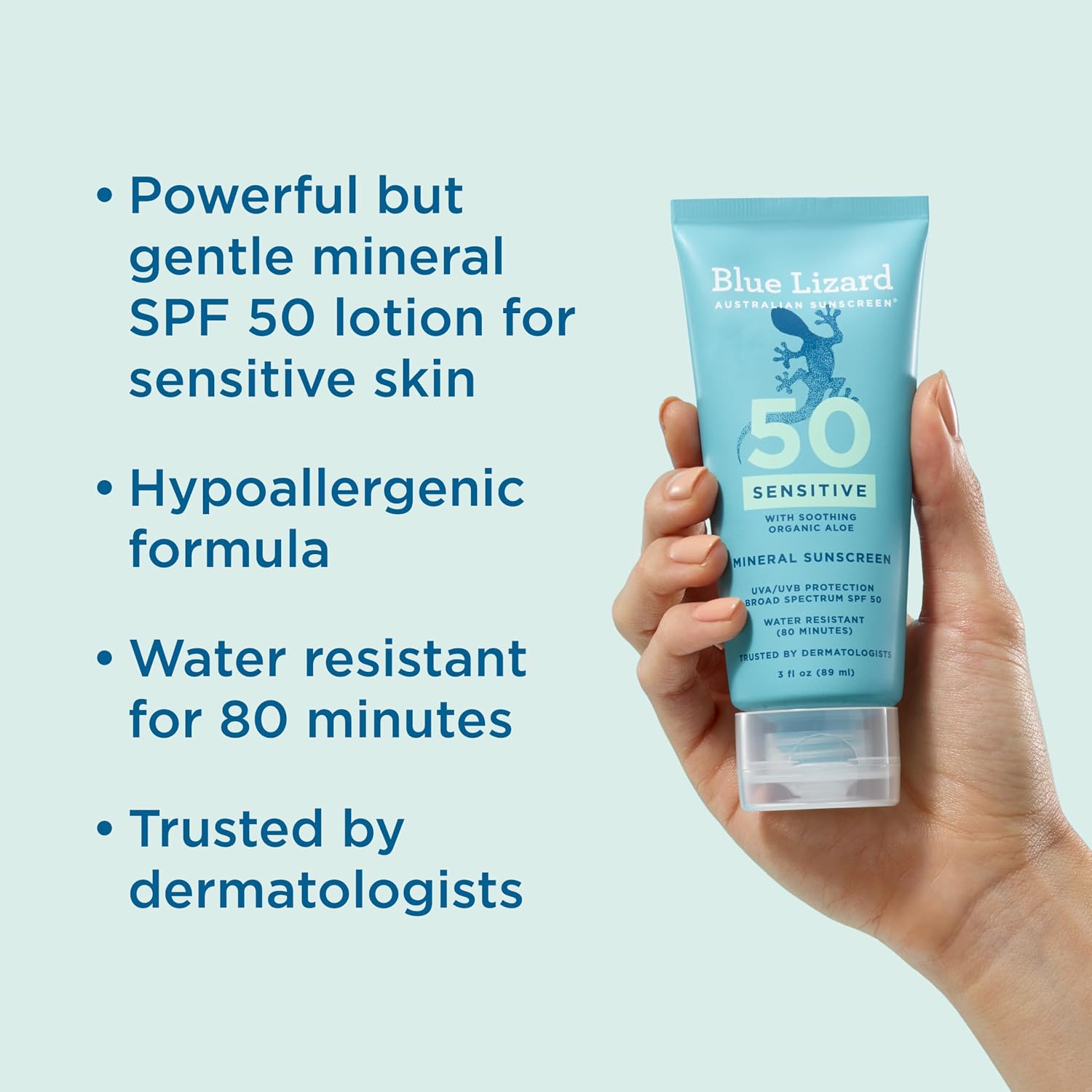Blue Lizard SENSITIVE Mineral Sunscreen with Zinc Oxide, SPF 50+, Water Resistant, UVA/UVB Protection with Smart Cap Technology - Fragrance Free, 3 oz. Tube - Image 2