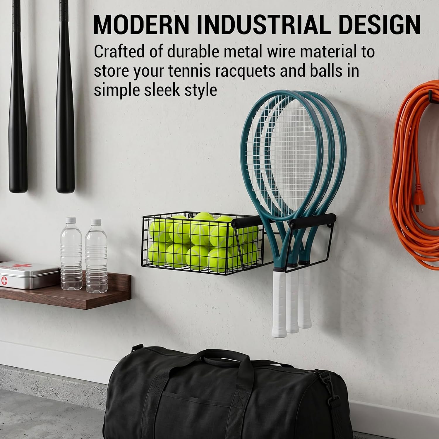 MyGift Hanging Metal Tennis Racquet and Tennis Ball Storage Basket Rack, Wall Mounted Racket Holder - Image 2