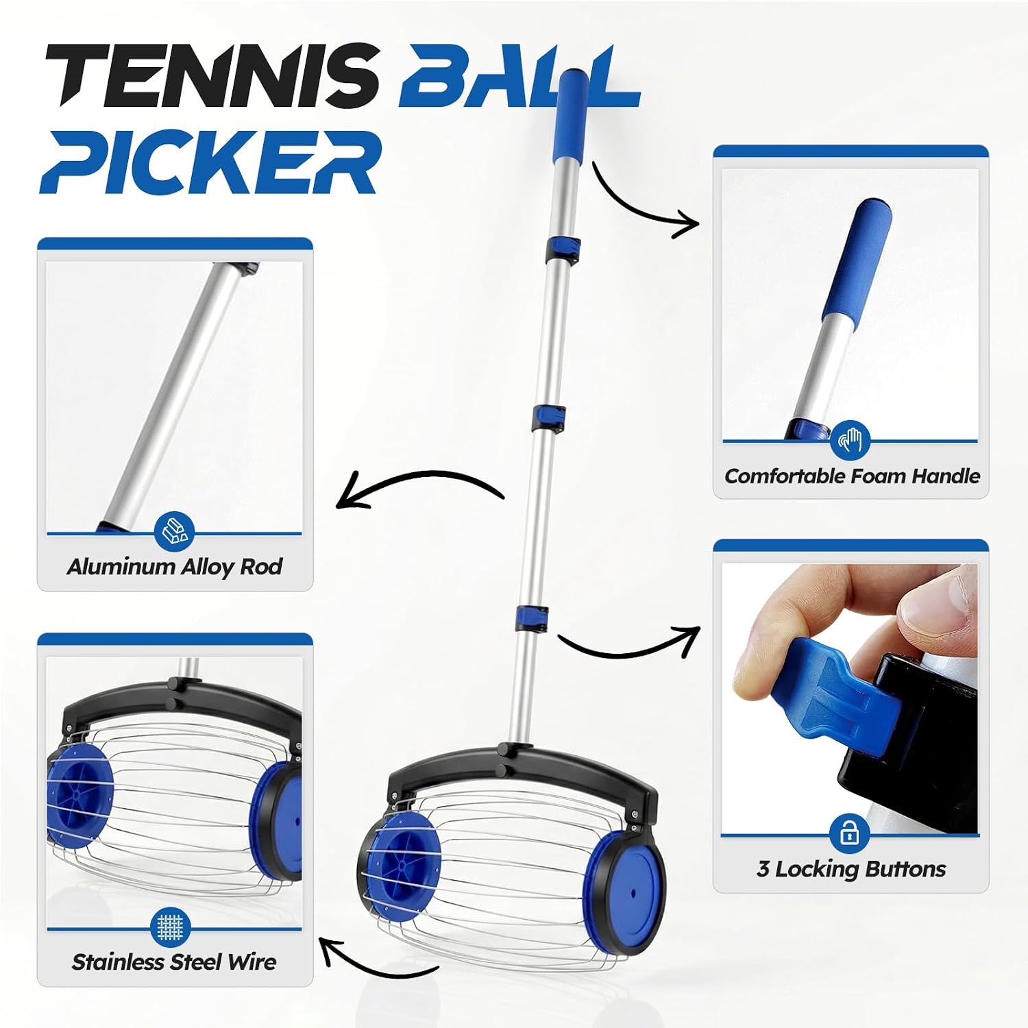 zozen Tennis Ball Picker with Storage Bag, No Bending Quick Pickup Roller, Adjustable Telescopic Handle, Holds Up to 28 Tennis Balls, Portable Collector for Tennis/Pickleball/Baseball/Lacrosse Ball - Image 6