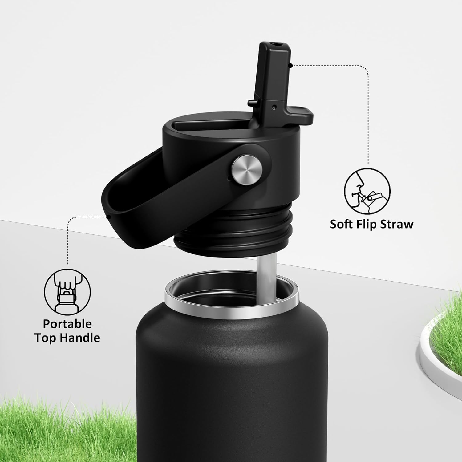 POWCAN 24 oz Slim Insulated Water Bottle with Straw: Leakproof, Keep Cold 24H, Cupholder Friendly, Top Handle, BPA-free, Stainless Steel Water Bottle for Sport, Travel, School, Gym (Midnight Black) - Image 3