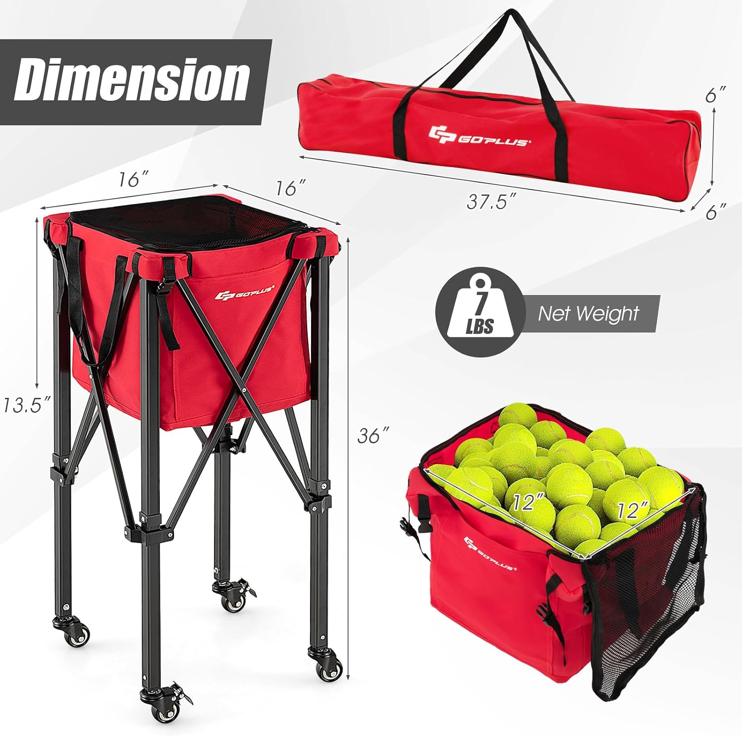 Goplus Foldable Tennis Ball Hoppers, Lightweight Aluminum Tennis Ball Basket with Wheels, Removable Bag, Side Pockets, Carry Bag, Portable Sports Teaching Cart Holds 150 Tennis Balls (Red) - Image 7