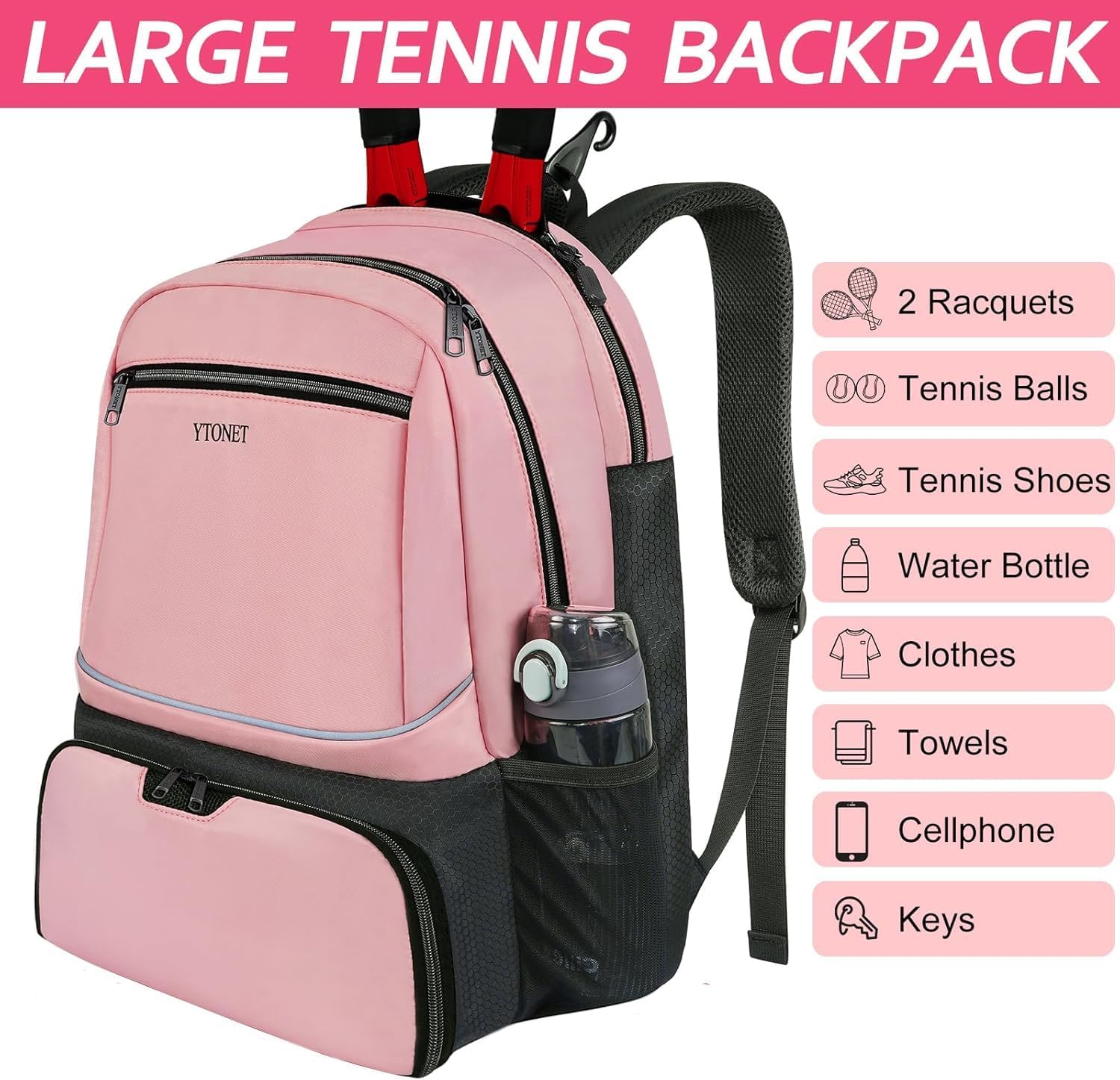 Ytonet Tennis Bag Tennis Backpack for Women Men 2 Rackets with Insulated Pocket Ventilated Shoe Compartment - Image 3
