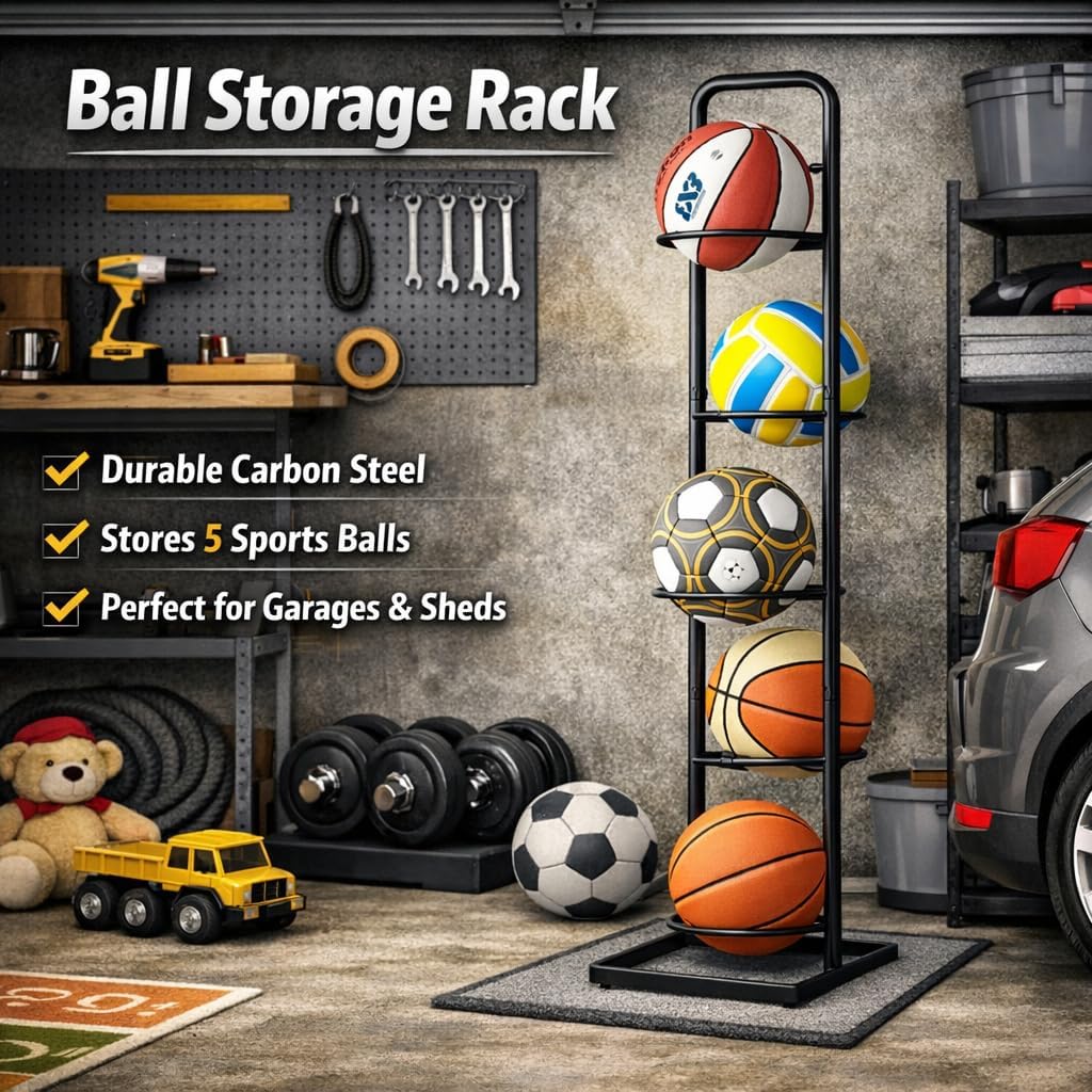 Vertical Ball Storage Rack - Adjustable 5-Tier Sports Organizer Stand for Basketball, Soccer, Volleyball and More(56.7inches) - Image 9