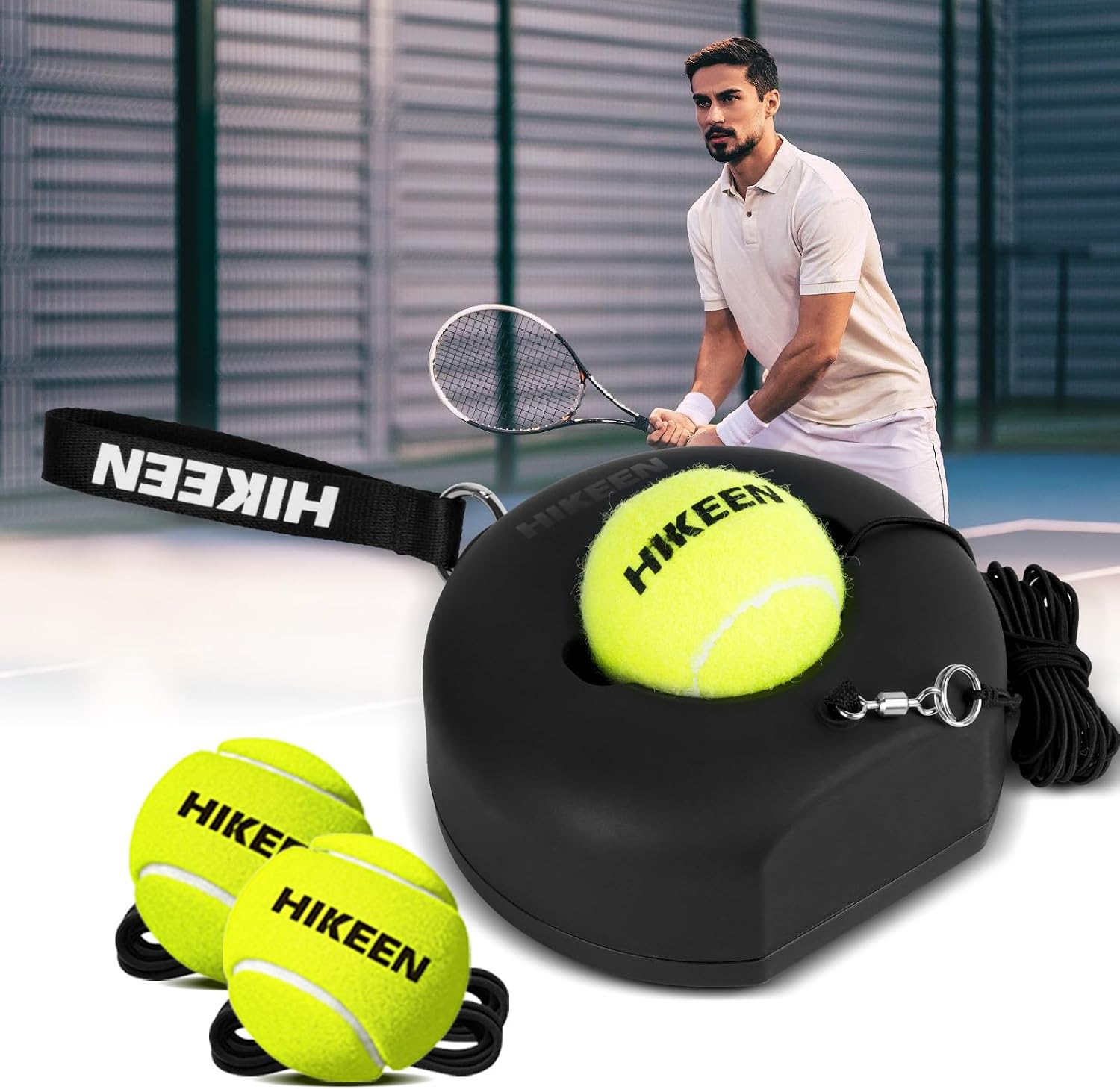 Hikeen Premium Tennis Trainer Rebound with Metal Base,Portable Solo Tennis Trainer Set with 3 Highly Elastic String Balls,Tennis Practice Equipment for Adult Kids an Beginners