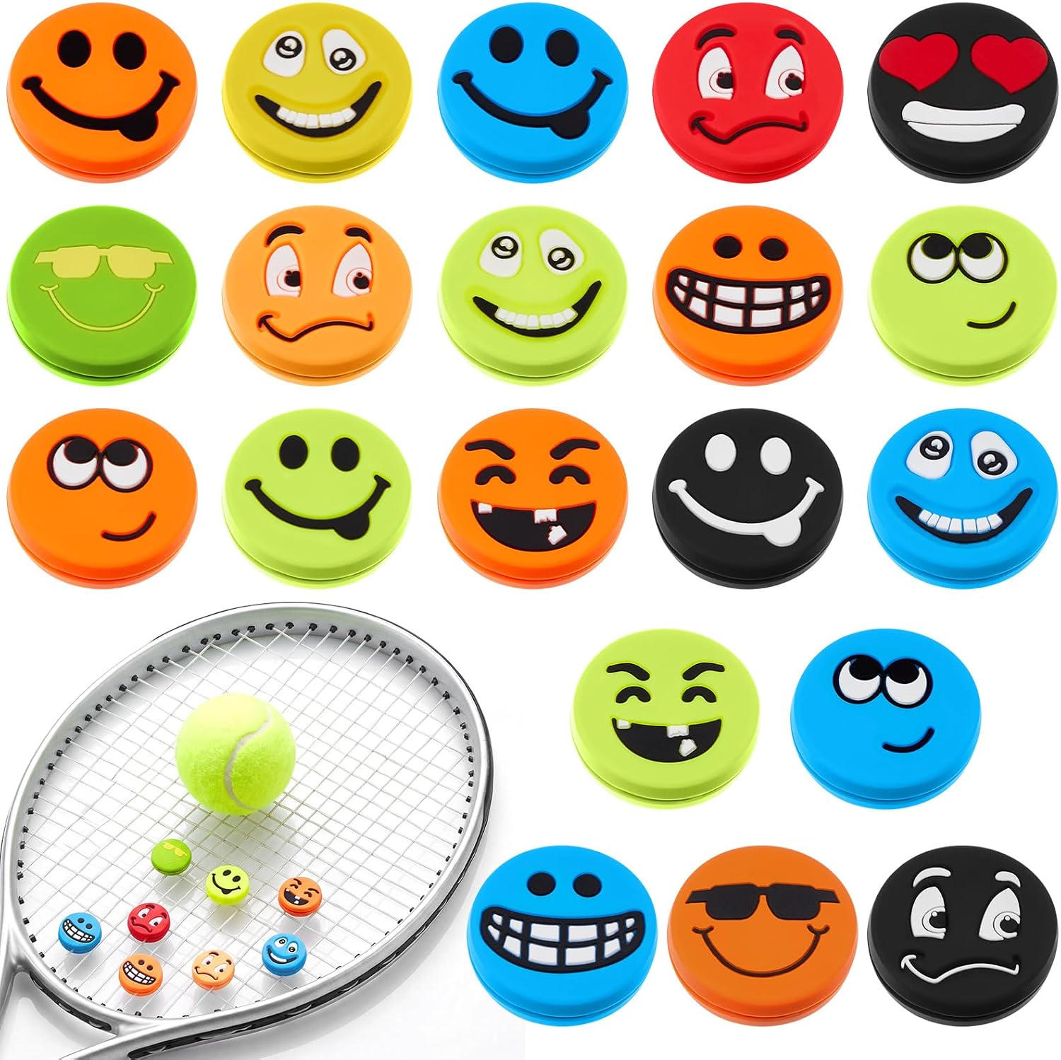 20 Pack Tennis Racket Vibration Dampeners, Funny Silicone Shock Absorbers for Tennis Racquets, Cute Decorative String Dampers for Men, Women, Teams, Clubs, Players and Tennist Gifts