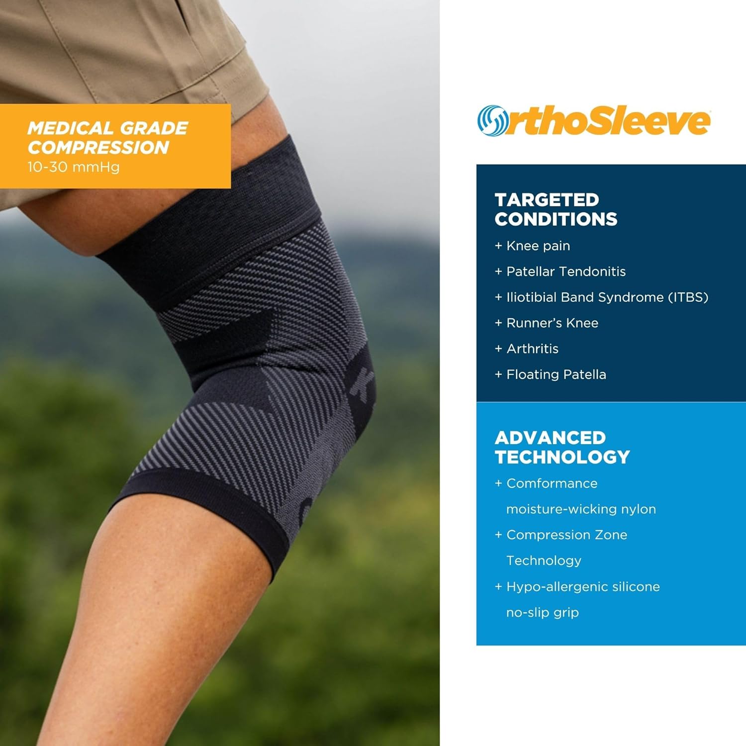 OrthoSleeve Compression Knee Brace, Knee Sleeve for ACL, MCL, Injury Recovery, Meniscus Tear, Pain, Aching Knees, Patellar Tendonitis & Arthritis Pain - Image 2
