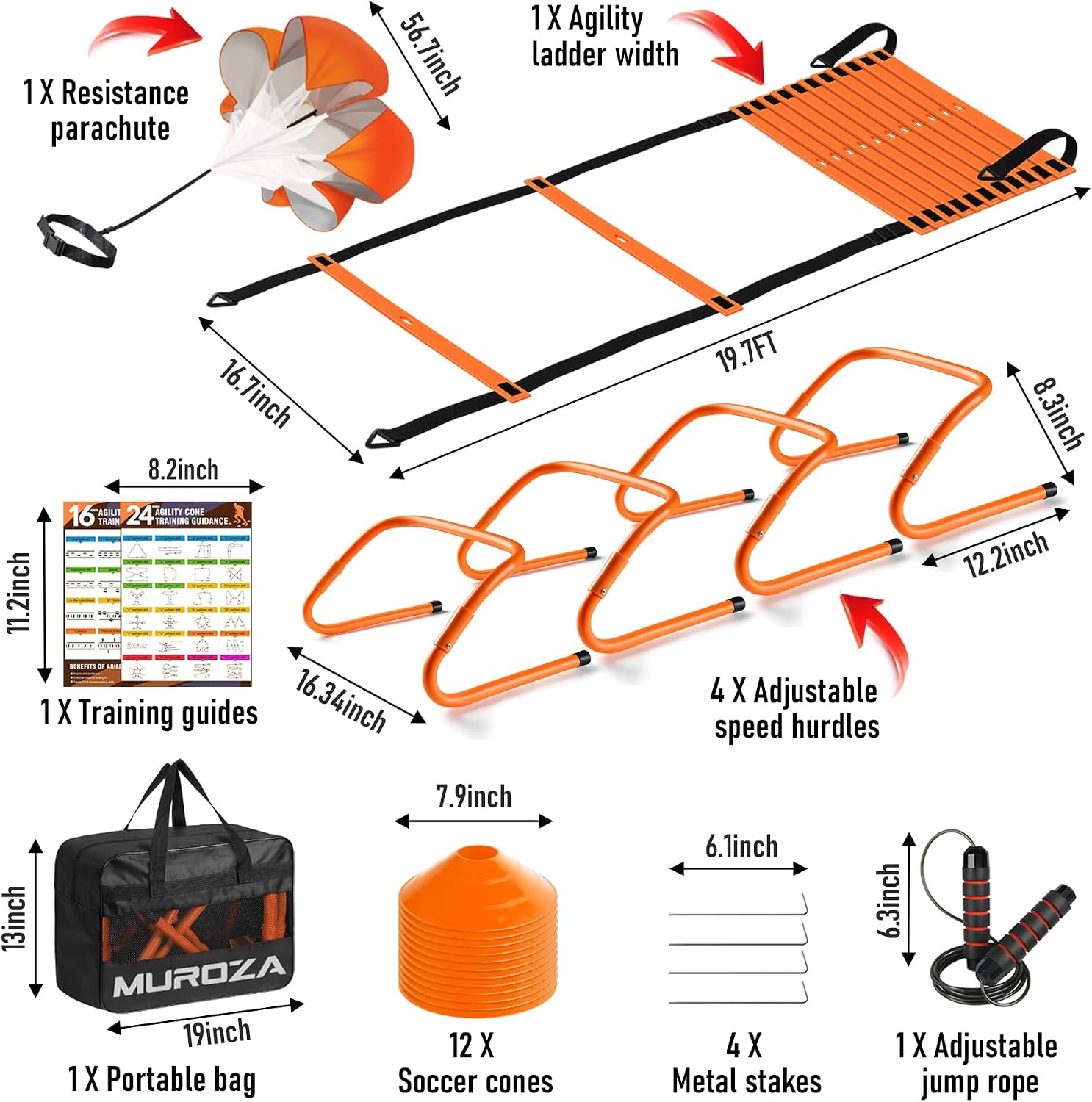 MUROZA Agility Ladder, Agility Speed Training Equipment Set, 20ft Speed Ladder, 12 Soccer Cones, 4 Hurdles, Jump Rope, Running Parachute, Soccer Football Basketball Training Equipment Accessories - Image 2