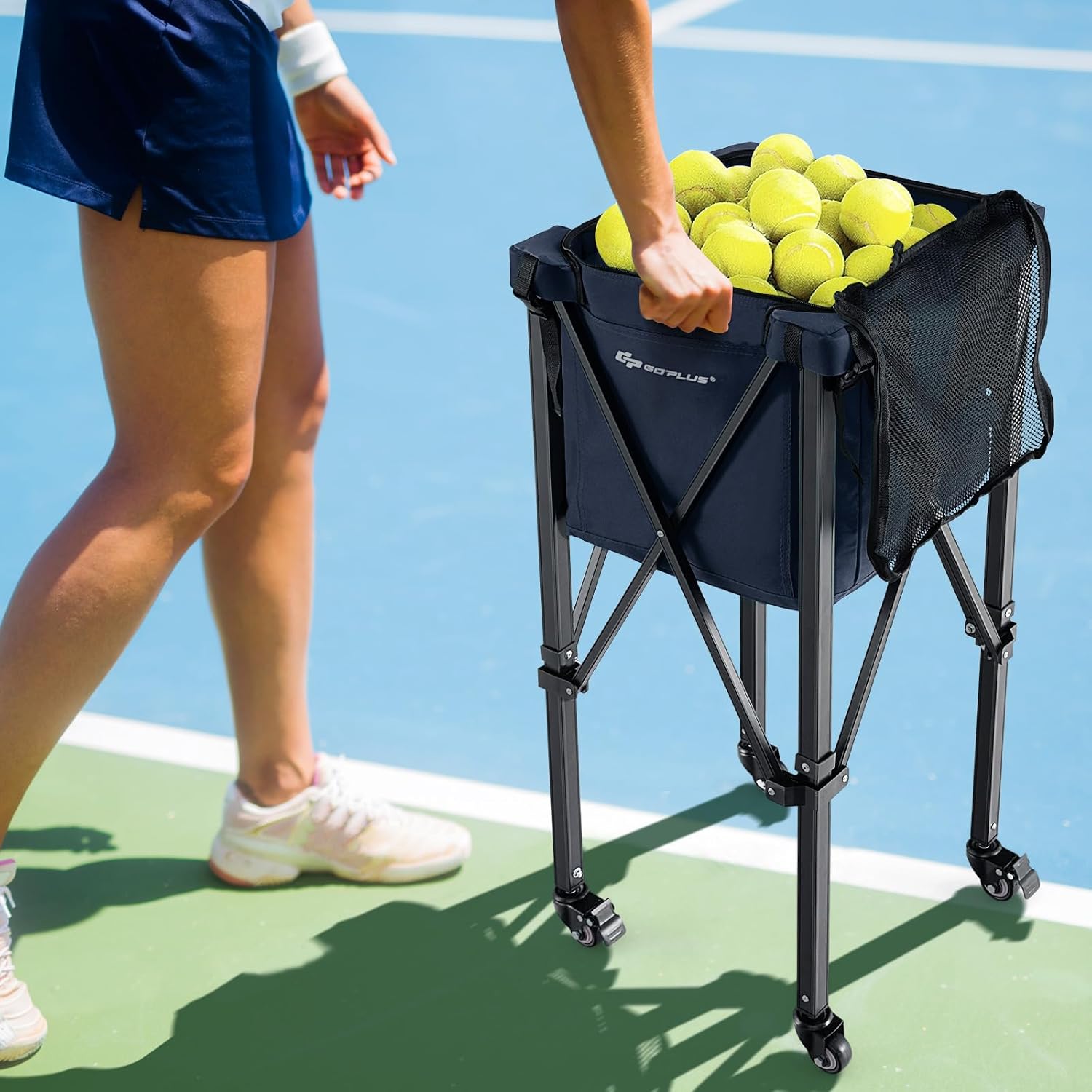 Goplus Foldable Tennis Ball Hoppers, Lightweight Aluminum Tennis Ball Basket with Wheels, Removable Bag, Side Pockets, Carry Bag, Portable Sports Teaching Cart Holds 150 Tennis Balls (Blue) … - Image 9