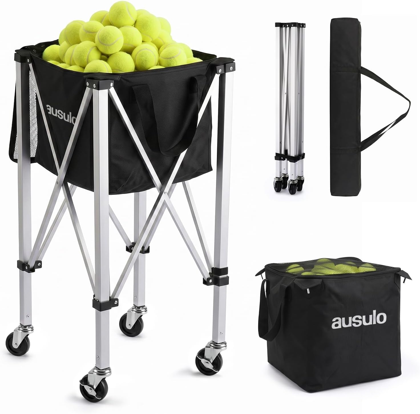 Tennis Ball Hopper Holds 150 Balls, Lightweight Pickleball Basket with Wheels, Portable Ball Cart for Tennis, Pickleball, Baseball, Softball, Suitable for Training and Teaching