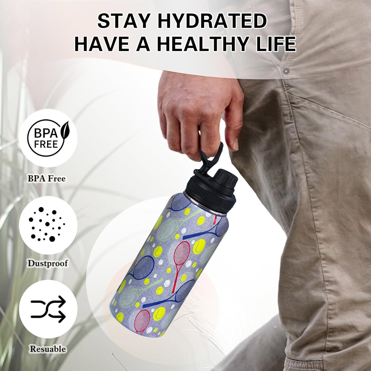 32 Oz Tennis Sports Water Bottle, 18/8 Wall Vacuum Insulated Stainless Steel Tumbler with Straw Lid & Spout Lid, Leak Proof, BPA Free - Image 2