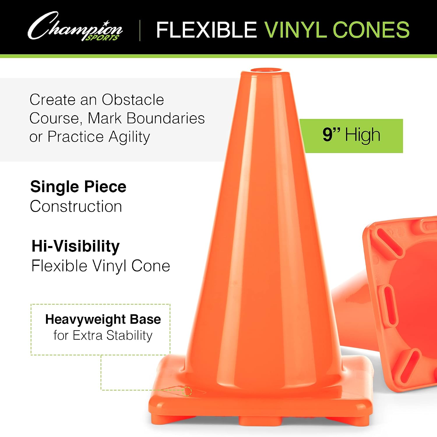 Champion Sports High Visibility Flexible Vinyl Cones for Sports Training, Agility Drills, Field & Gym Marking Sets - Image 3