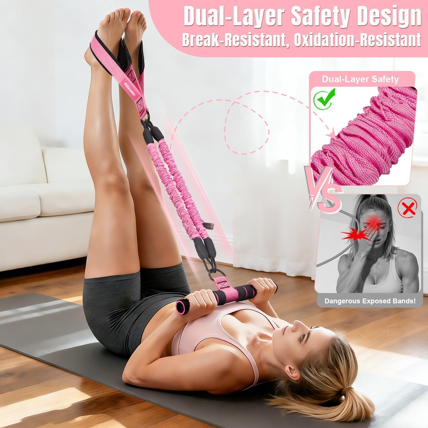 Upgraded Multifunction Pedal Resistance Band with Handle, 3 Tube Adjustable Resistance Bands for Abdomen, Waist, Arm, Core/ABS, Leg Workout - Sit Up Exercise Equipment for Women - Image 4