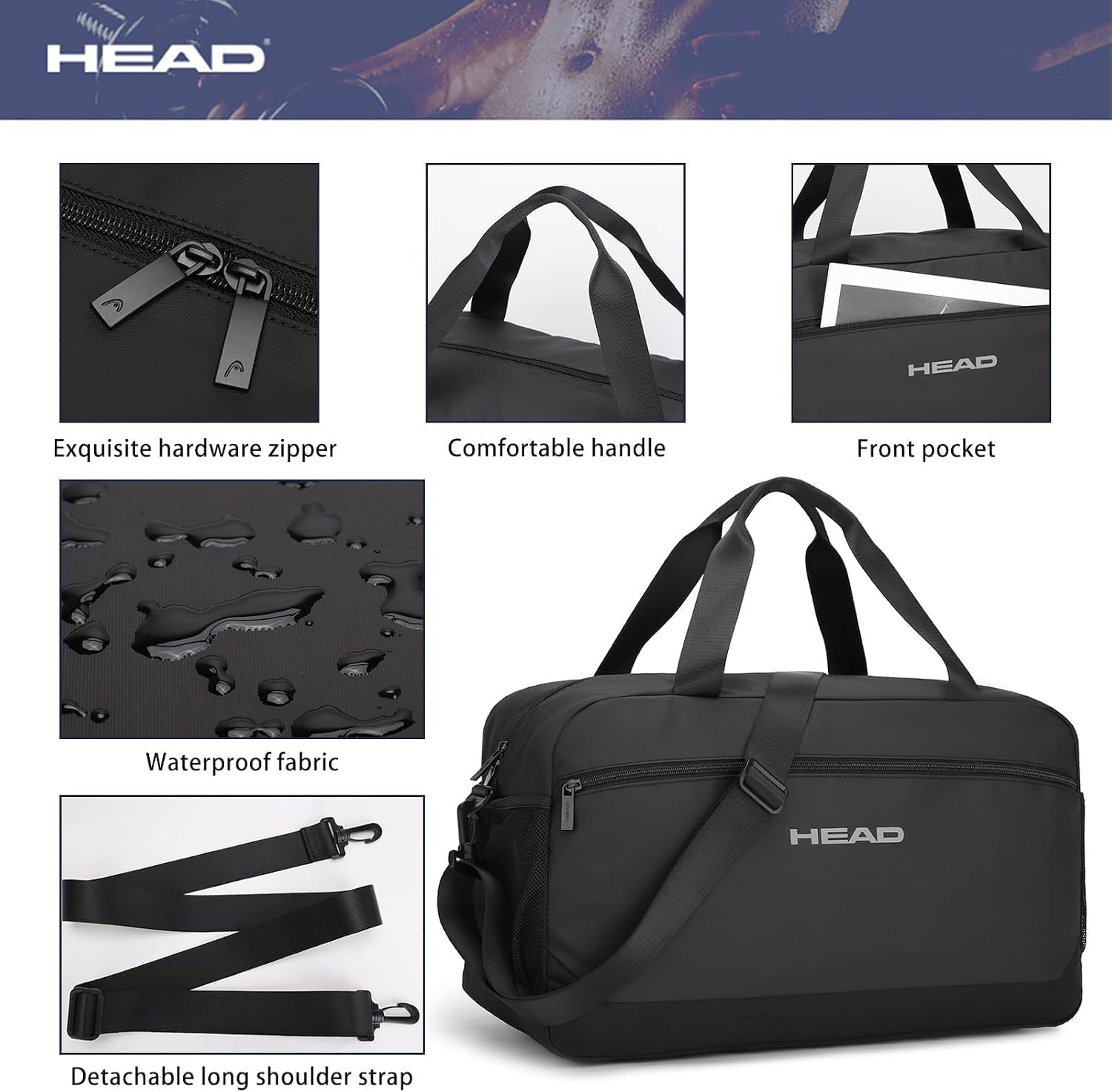 HEAD 40L Waterproof Duffel Bag, Large Lightweight Gym Bag for Men, Durable Sports Duffle for Fitness/Workout, Versatile Weekender Overnight Bag for Business Travel, Black - Image 6