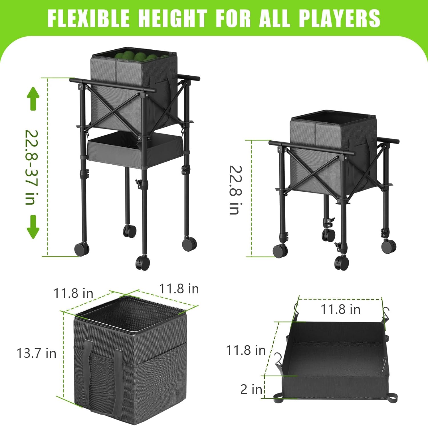 Tennis Ball Hopper with Wheels - Height Adjustable Foldable Tennis Ball Basket with Storage Bag Ball Candy for 150 Pickleball & Tennis - Image 6