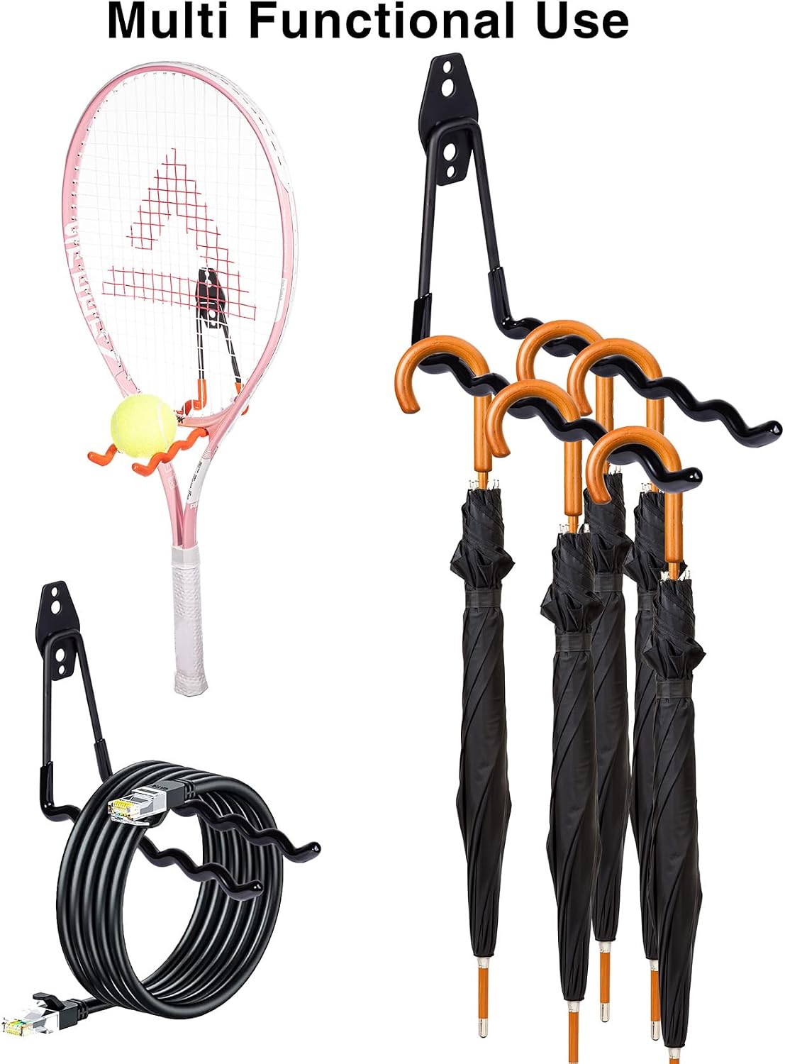 Tennis Racket Storage Hanger,Tennis Racket Holder Rack Wall Hooks for Garage,Heavy Duty Hanger Metal Badminton Racket Holder Hooks for Cables, Ropes and Hoses,Extension Cord Holder,2 Packs(Black) - Image 8