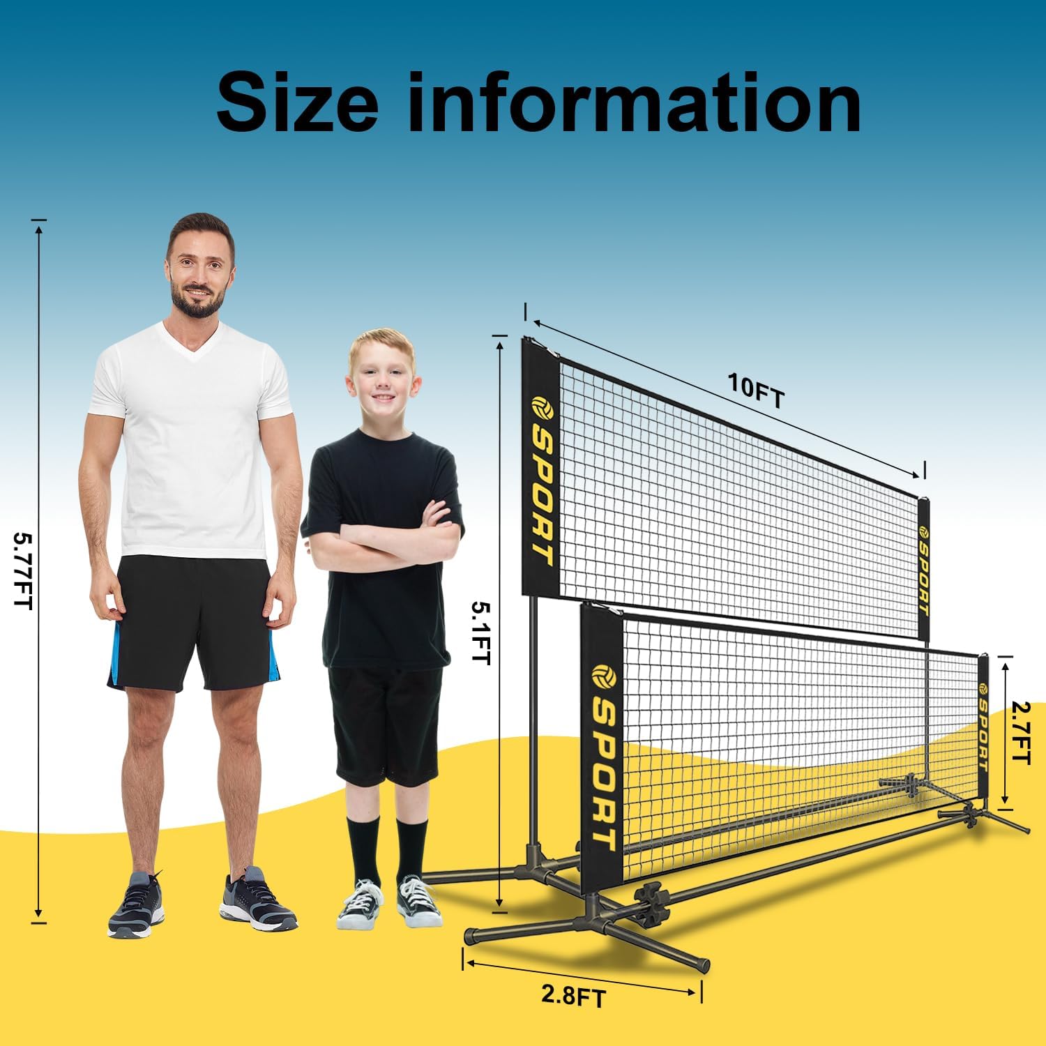 10 FT Mini Portable Tennis Net for Teenagers with Rubber Volleyball, with Pump and Carry Bag, Adjustable Height 2.7FT-5.1FT for Badminton Net, Volleyball Net,Soccer Net,Pickleball Net - Image 3