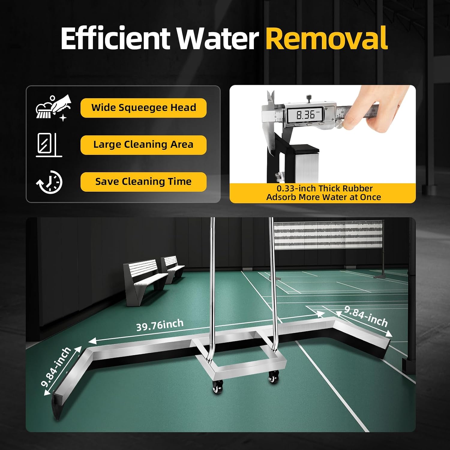 Sport Tennis Court Squeegee, Heavy Duty Surface Court Dryer Water Remover w/EVA Rubber Squeegee Head & Wheels 40" Wide, for Basketball/Tennis/Car Parks - Quick Water Removal, Easy Assembly - Image 3