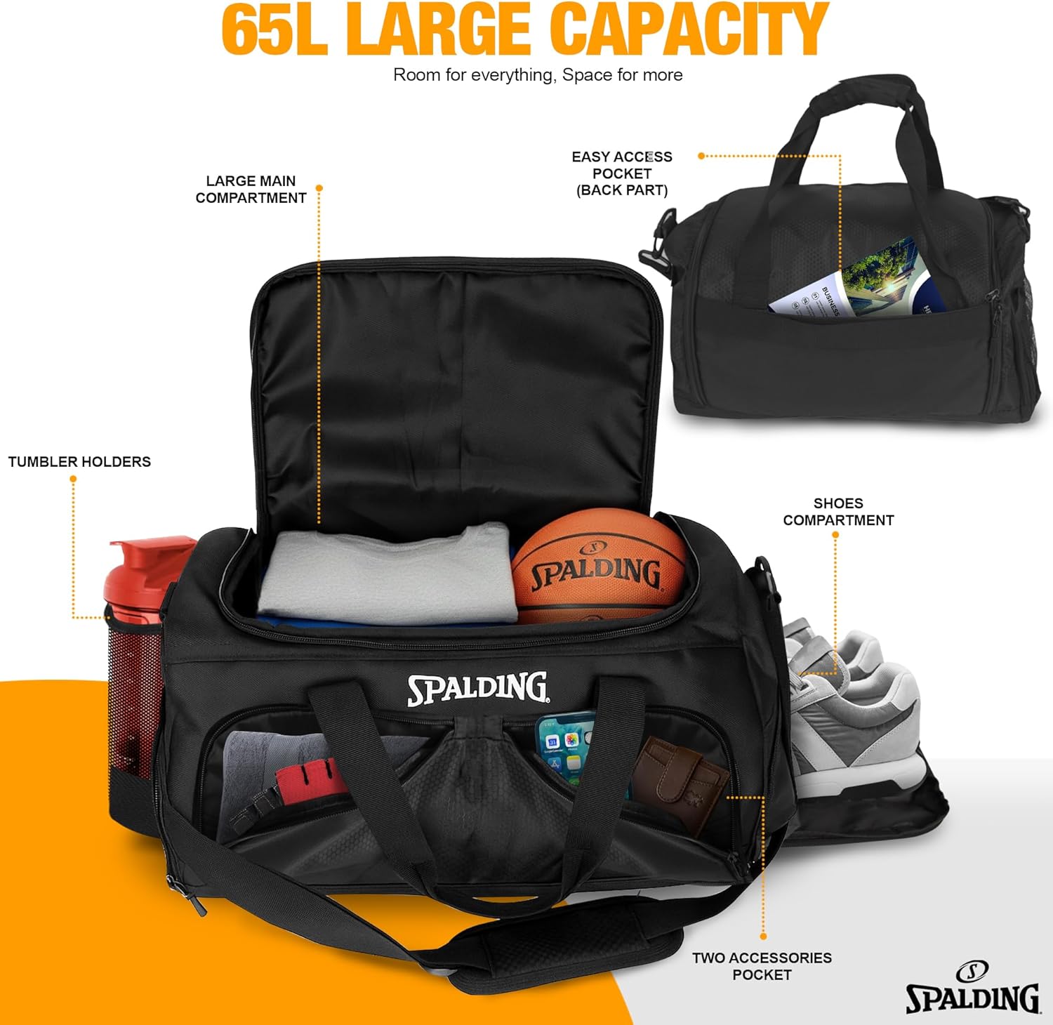 Spalding Gym Bag for Men & Women Duffle Bag with Wet & Shoe Compartment - 55L Capacity Large Workout Bags for Travel, Sports - Image 2