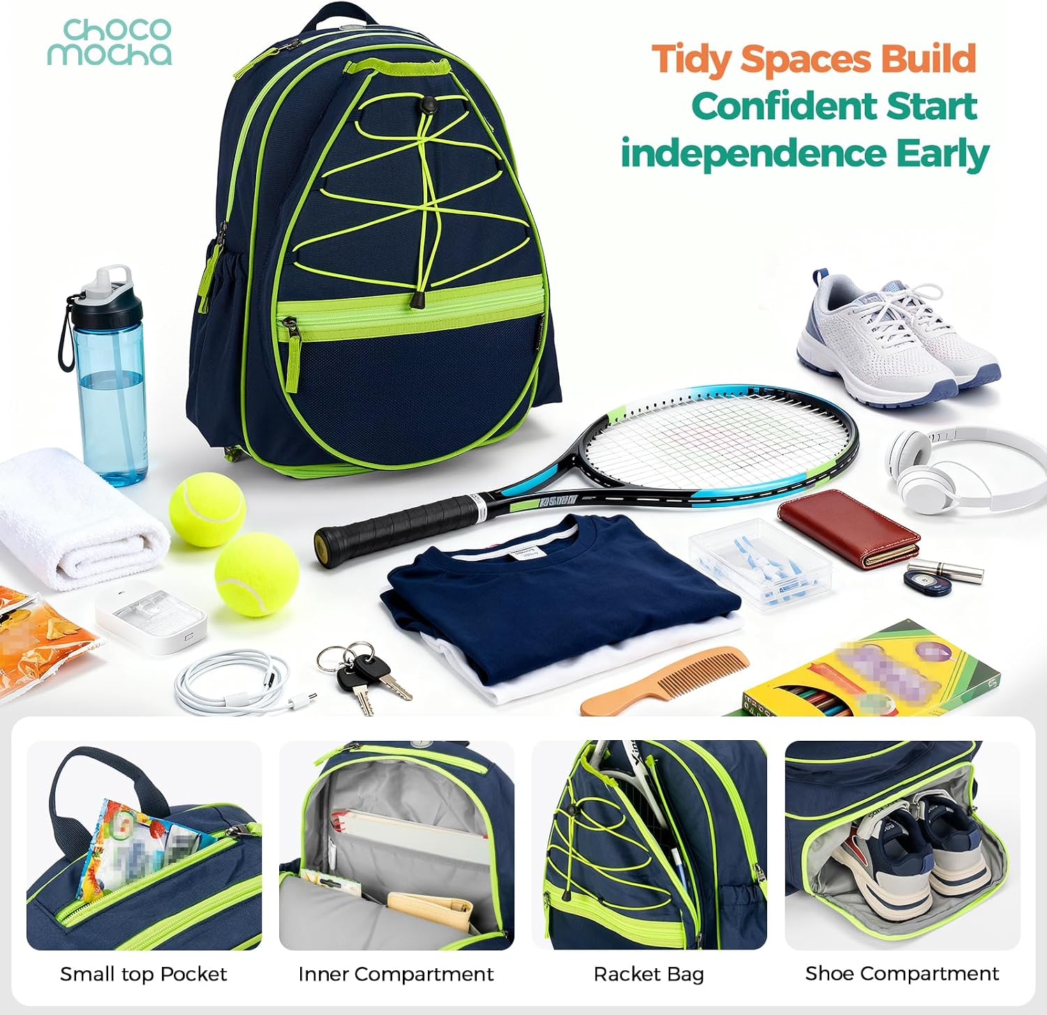 Choco Mocha Kids Tennis Bag, 16 Inch Youth & Junior Tennis Backpack with Shoe Compartment, Holds 2 Rackets (21–23 Inch) - Image 4