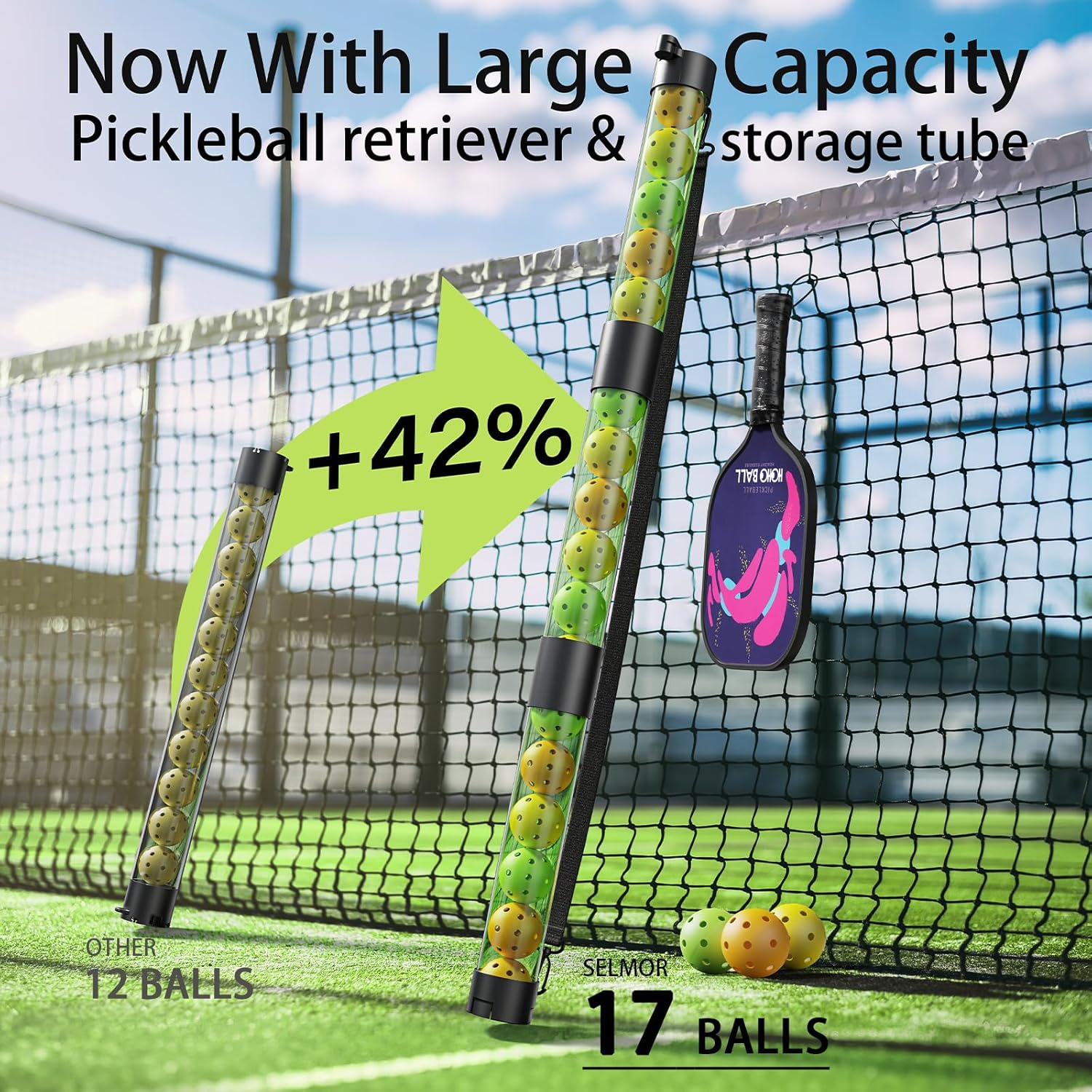 17 Balls Pickleball Ball Retriever & Ball Holder Storage with Strap, Back Saver for Pickleball Accessories, Quick for Pickleball Tube Ball Pickup - Image 2
