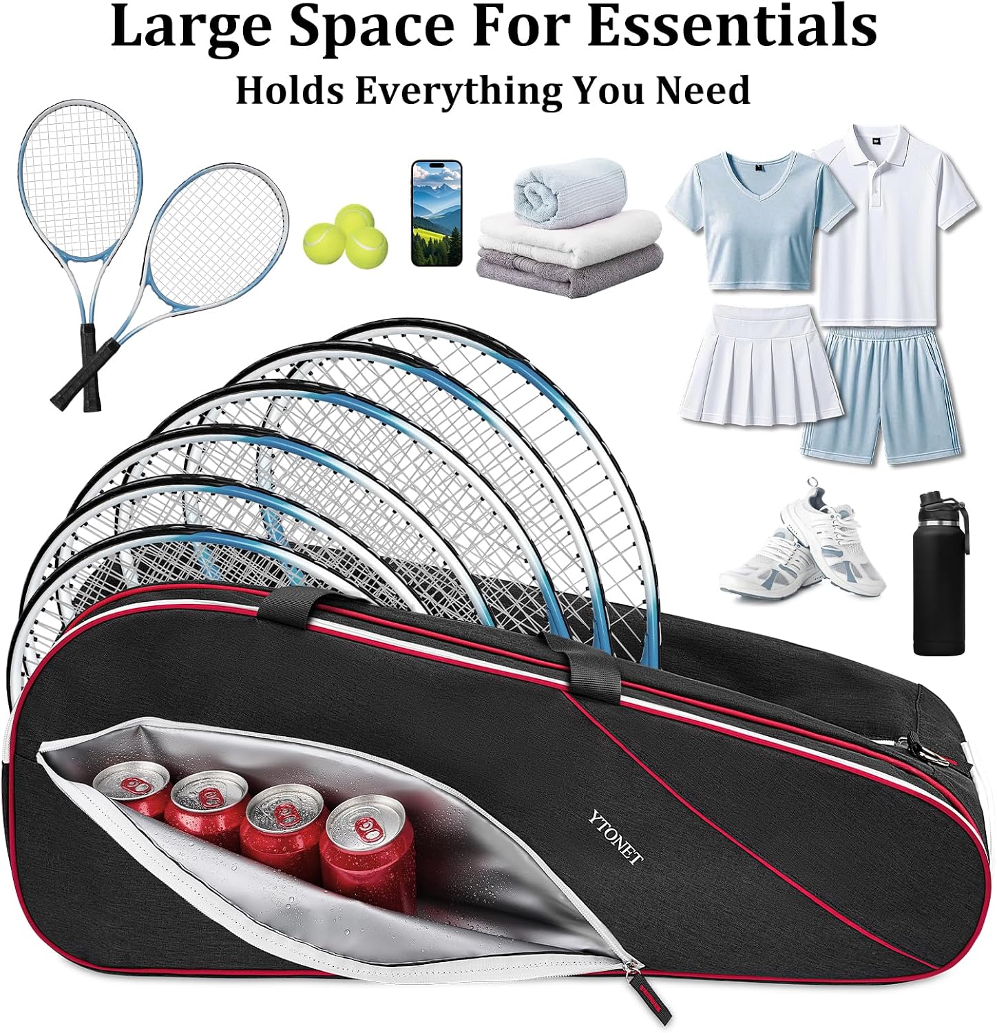 Ytonet Tennis Bag 6 Rackets, Large Tennis Racket Bag for Men Women with Insulated Pocket Shoe Compartment Water Resistant 3-Ways Carry Padded Badminton Cover for Pro/Team/Familiy Training, Black - Image 6