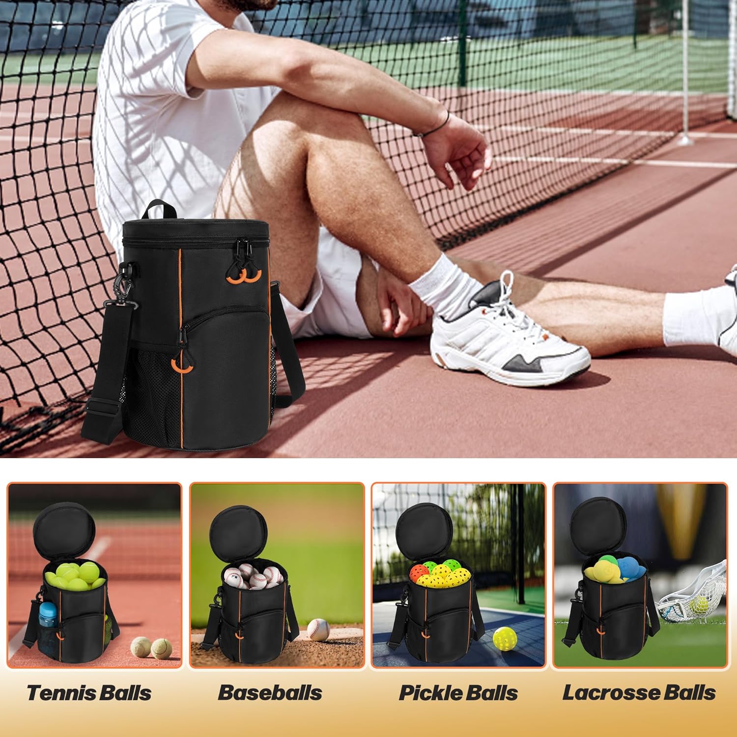 DSLEAF Tennis Ball Bag with Sturdy Bottom, Baseball & Lacrosse Ball Bag with Multiple Pockets and Portable Shoulder Strap for Tennis, Baseball, Lacrosse,Pickle Ball and Table Tennis Training - Image 4